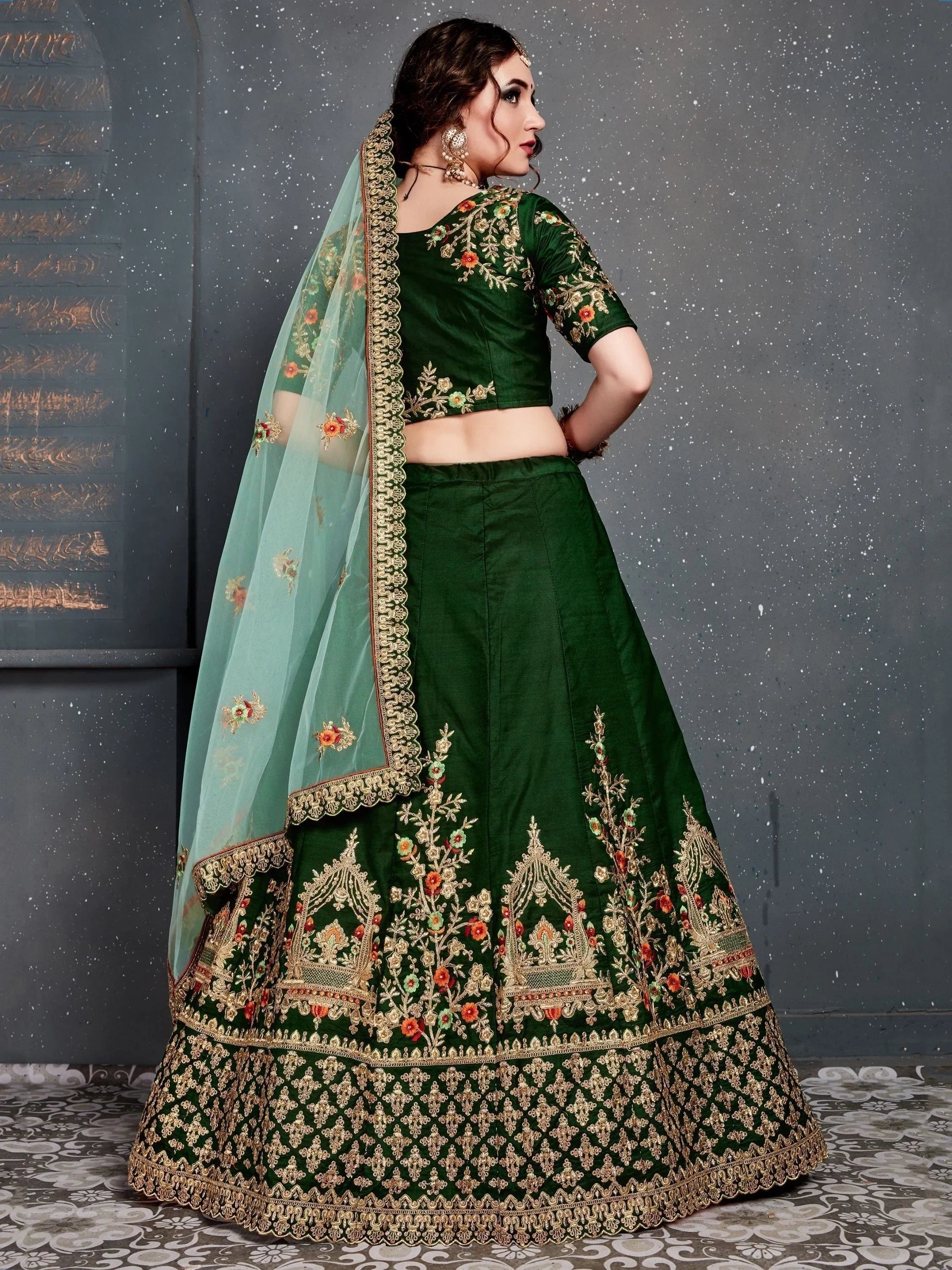 Bottle Green Bottle Embroidered Silk Bridal Lehenga Choli
