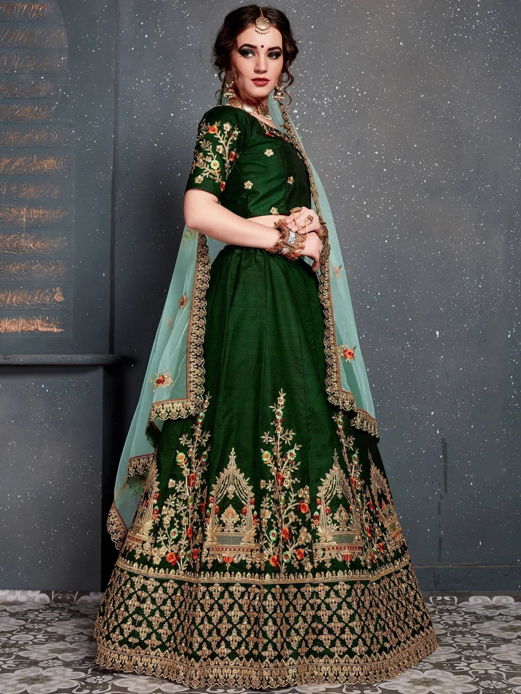 Bottle Green Bottle Embroidered Silk Bridal Lehenga Choli