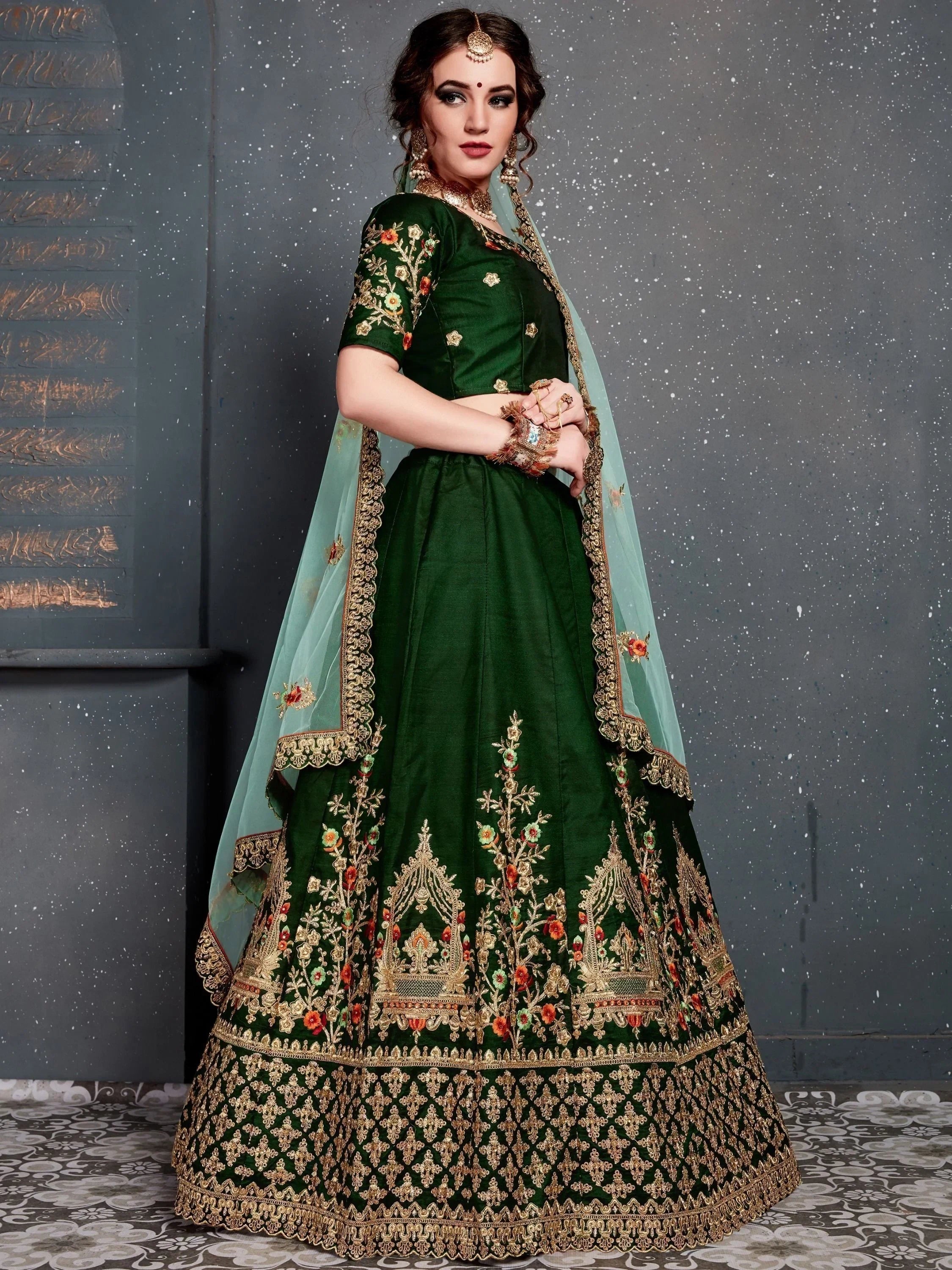 Bottle Green Bottle Embroidered Silk Bridal Lehenga Choli
