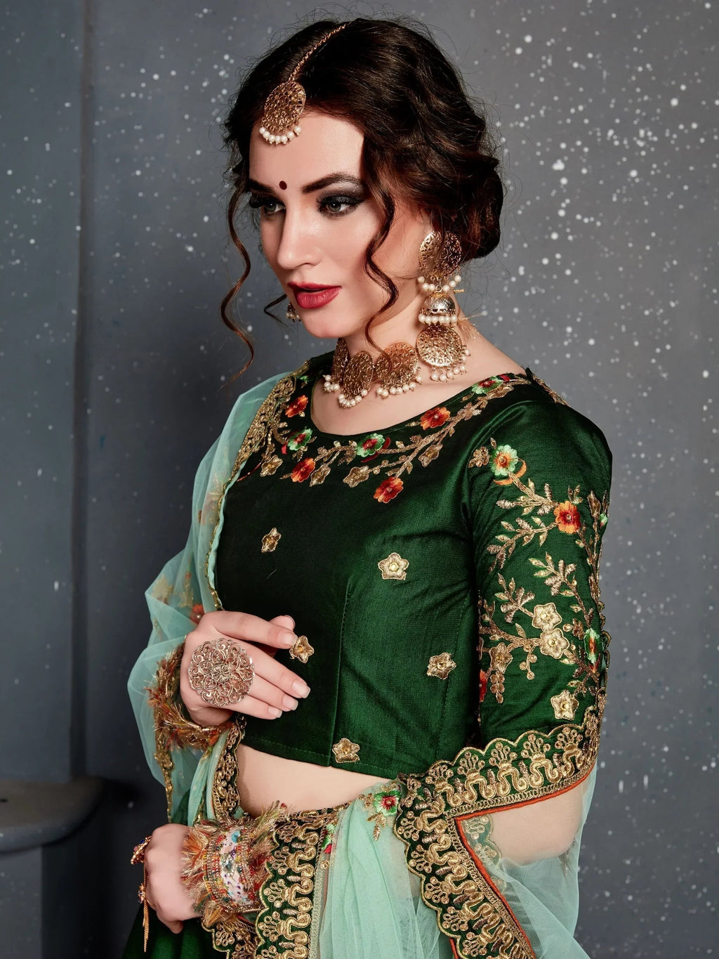 Bottle Green Bottle Embroidered Silk Bridal Lehenga Choli