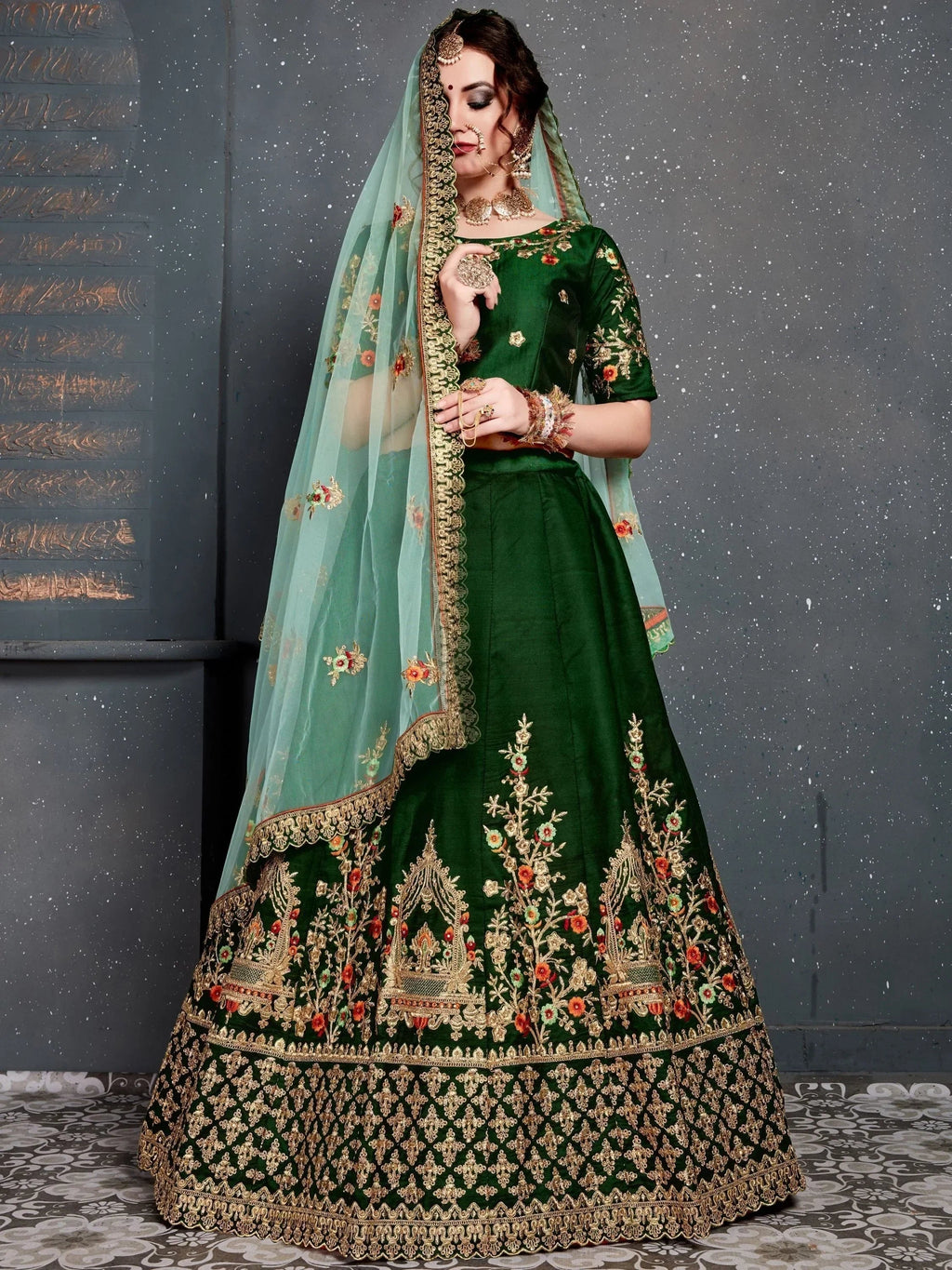 Bottle Green Bottle Embroidered Silk Bridal Lehenga Choli