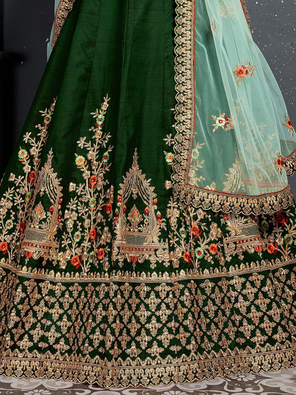 Bottle Green Bottle Embroidered Silk Bridal Lehenga Choli