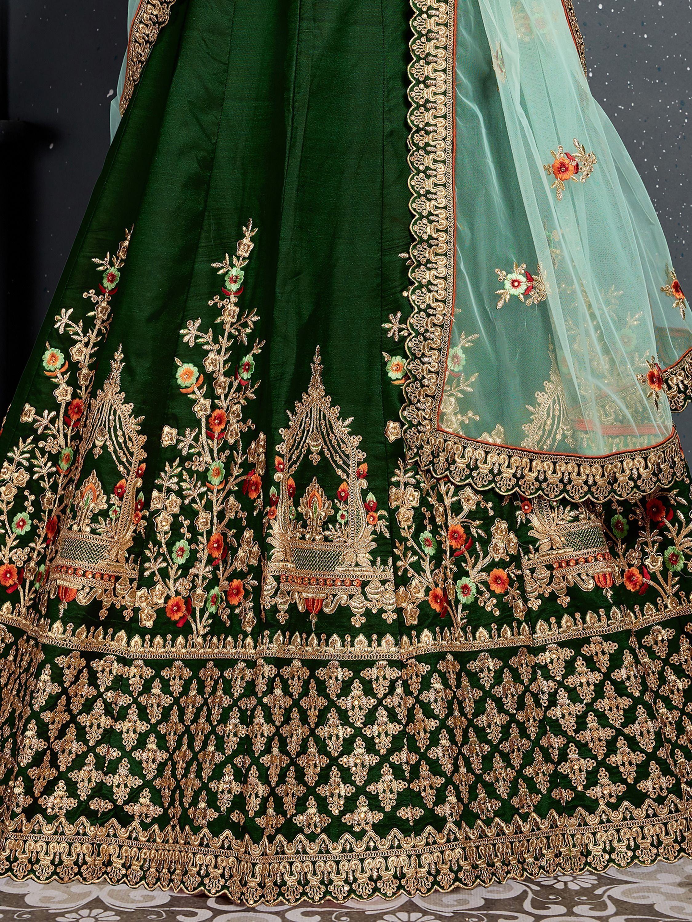 Bottle Green Bottle Embroidered Silk Bridal Lehenga Choli