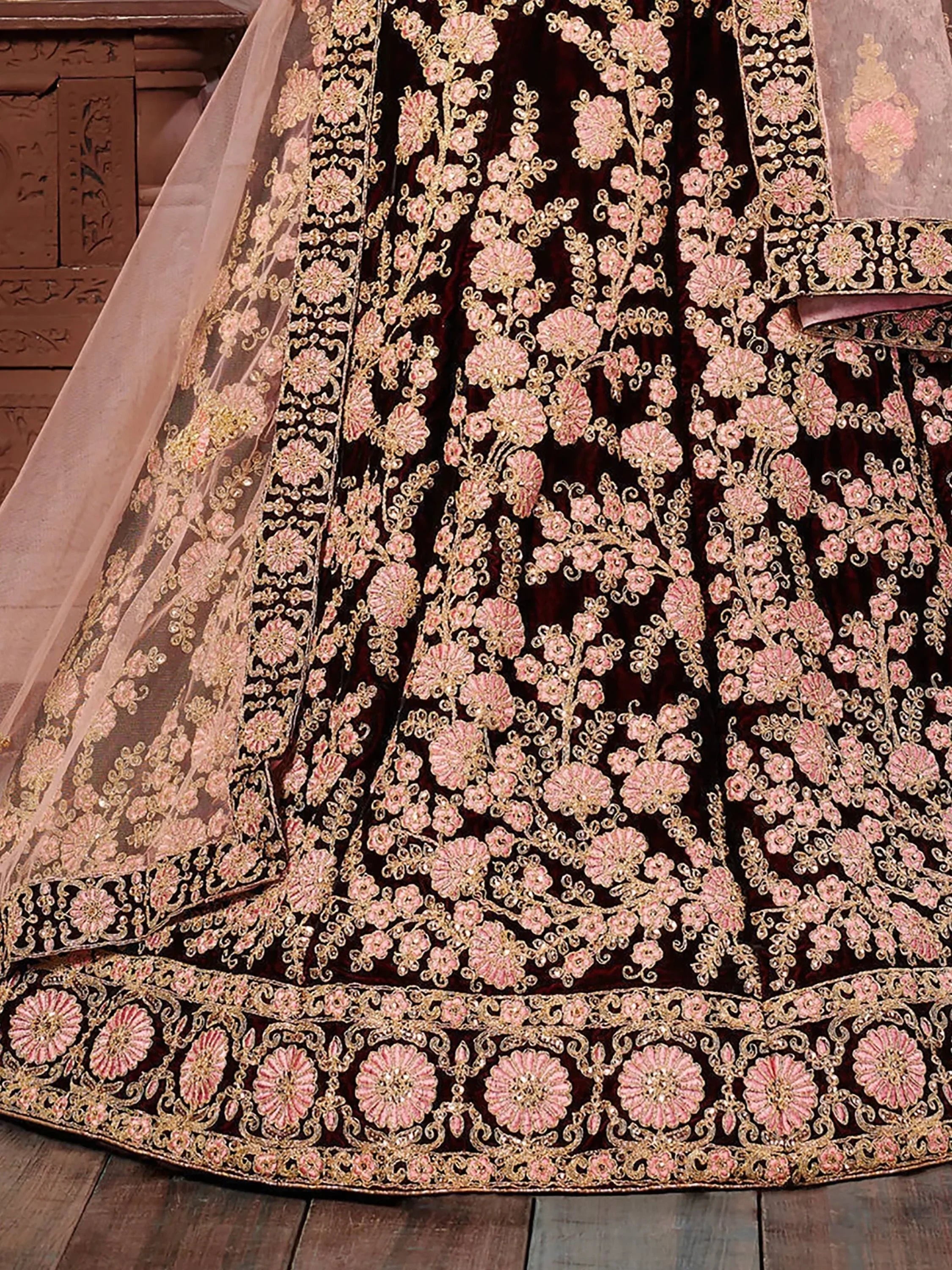 Maroon Thread Embroidery Velvet Silk Bridal Wear Lehenga Choli and Pastel Pink Dupatta