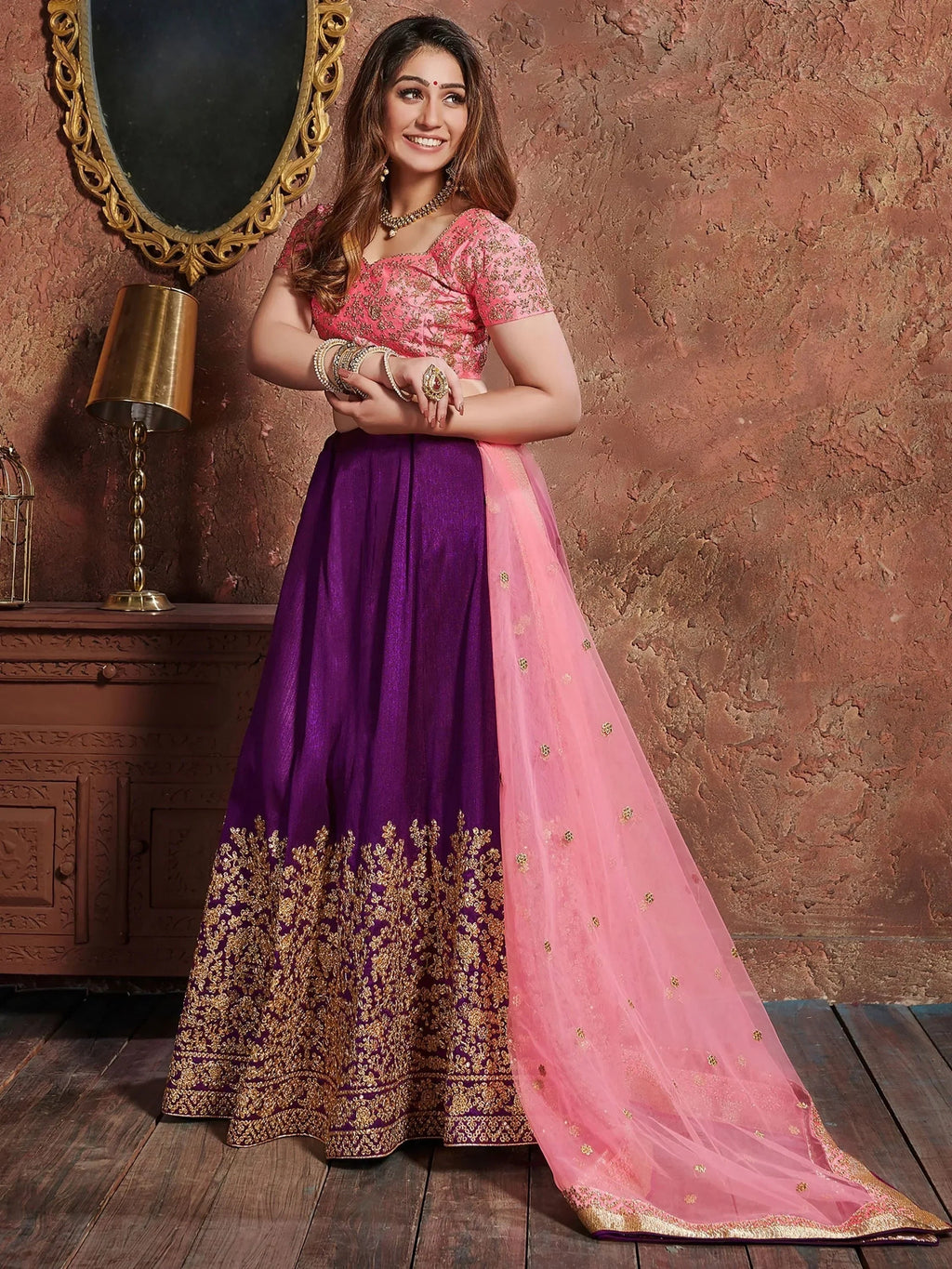 Purple Sequins Silk Wedding Lehenga With Pastel Pink Choli and Dupatta