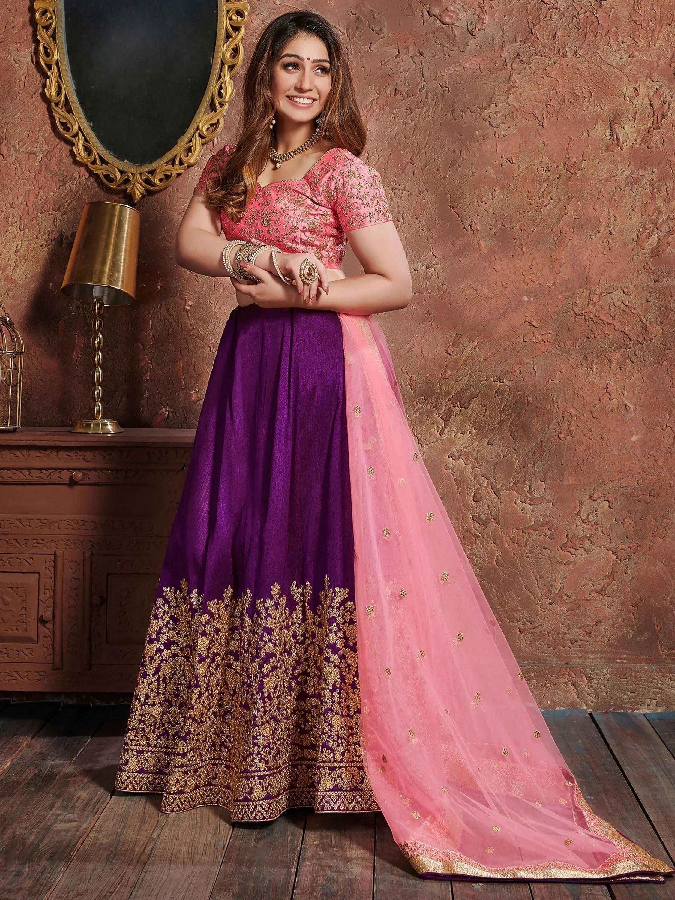 Purple Sequins Silk Wedding Lehenga With Pastel Pink Choli and Dupatta