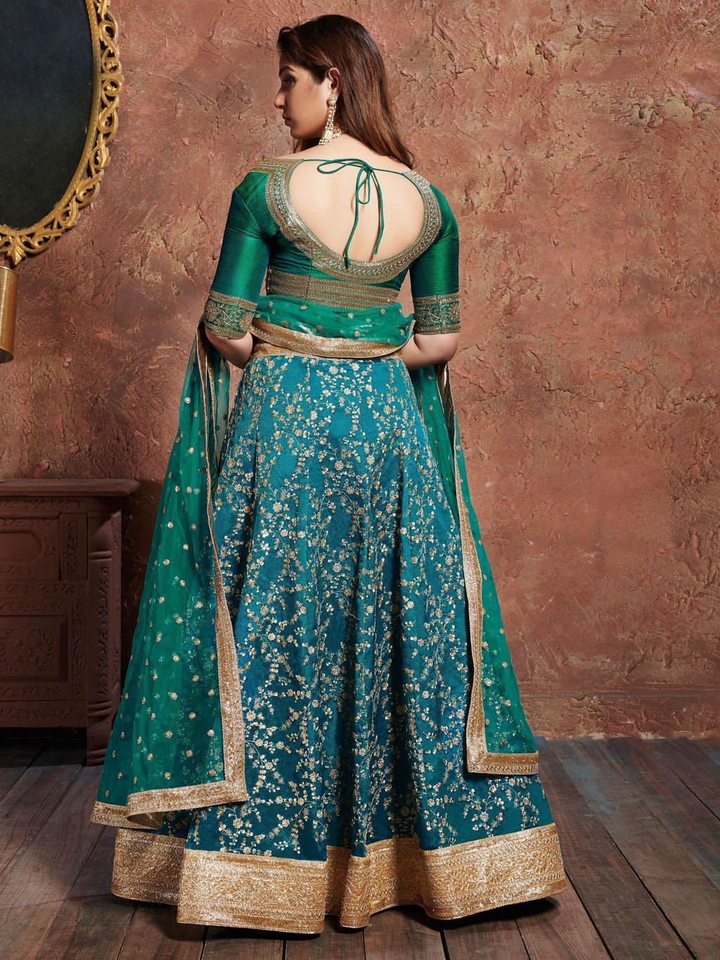 Teal Semi-Stitched Myntra Wedding Wear Lehenga & Unstitched Blouse with Dupatta