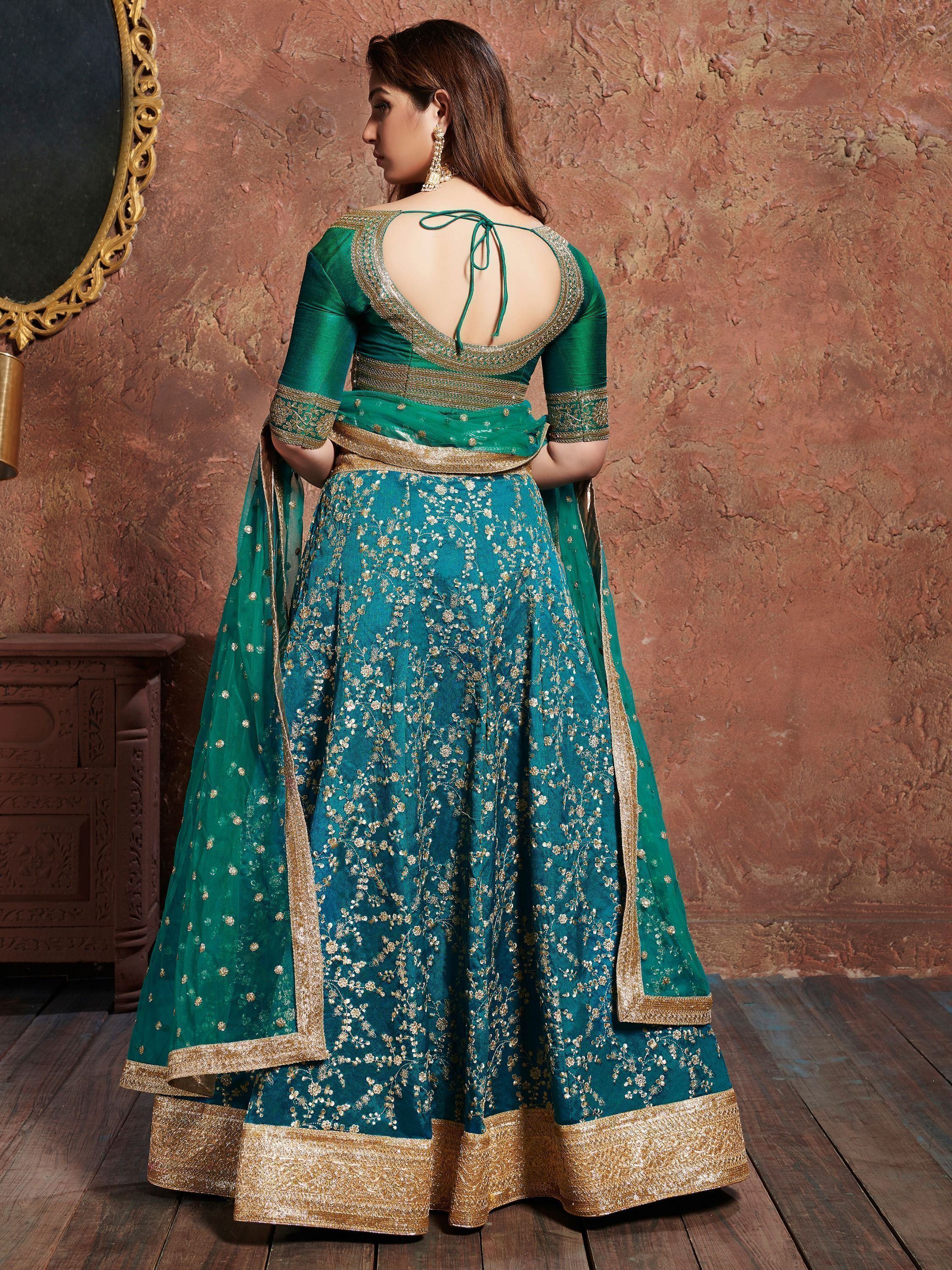 Teal Semi-Stitched Myntra Wedding Wear Lehenga & Unstitched Blouse with Dupatta