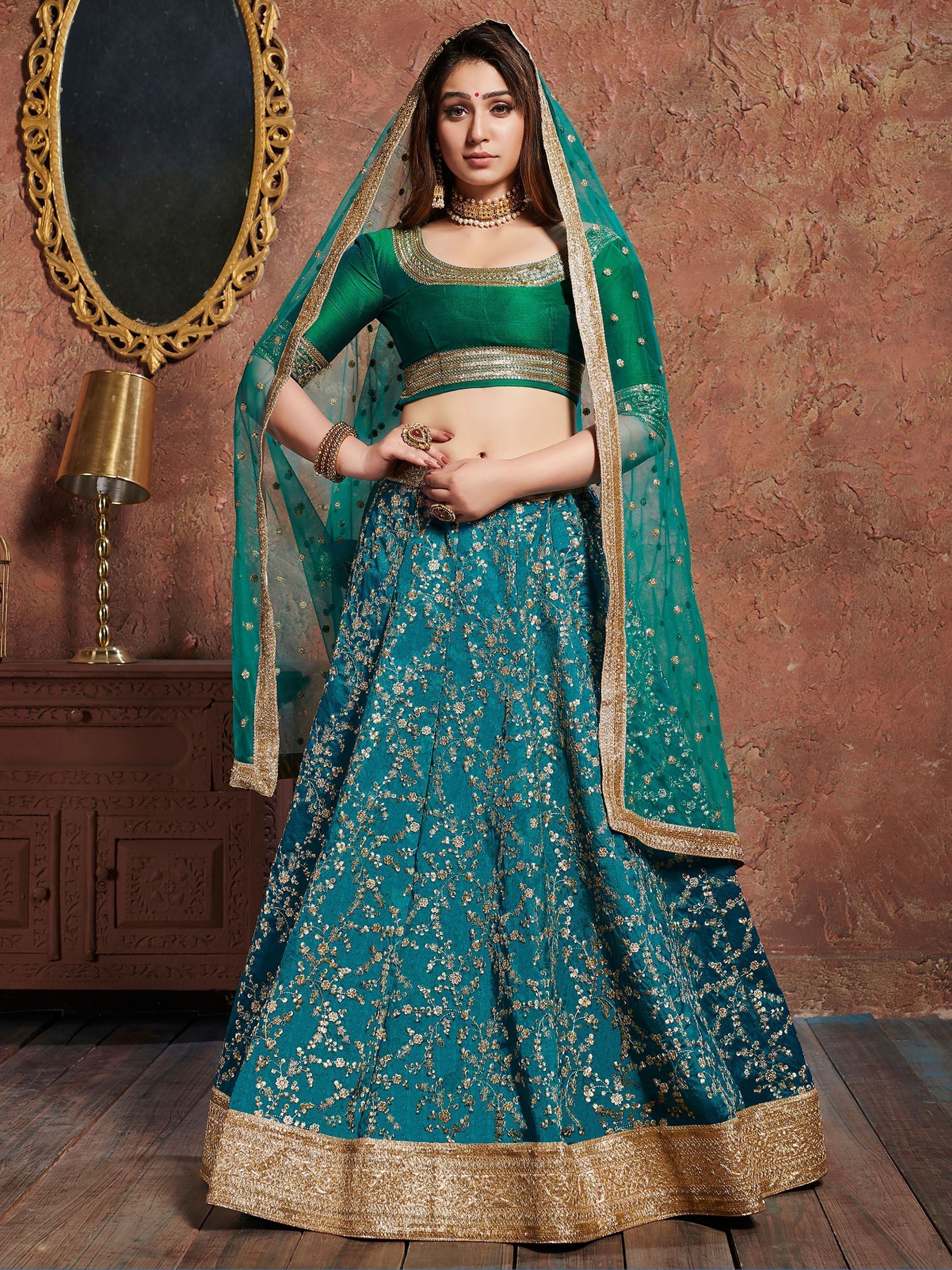 Teal Semi-Stitched Myntra Wedding Wear Lehenga & Unstitched Blouse with Dupatta