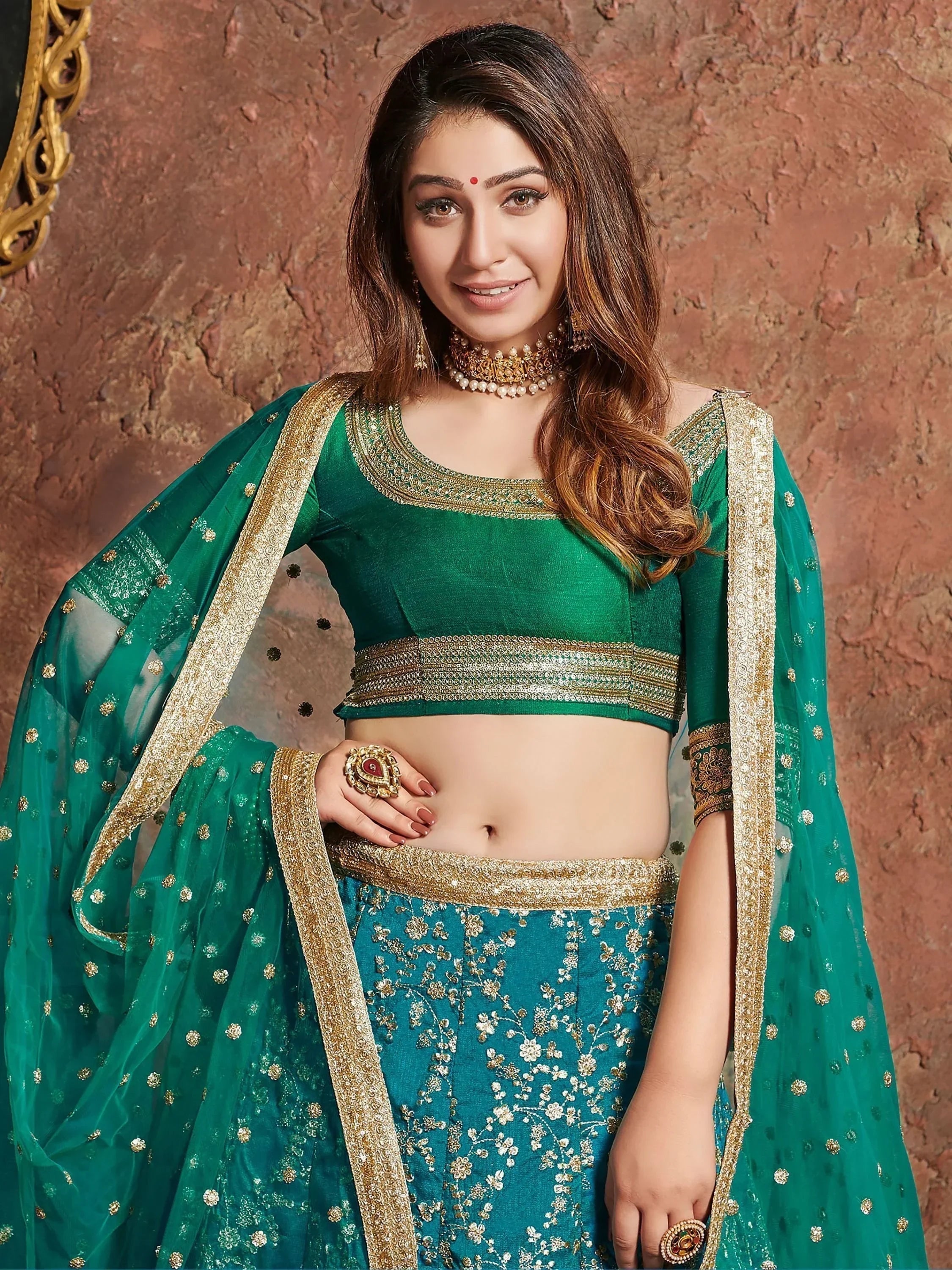 Teal Semi-Stitched Myntra Wedding Wear Lehenga & Unstitched Blouse with Dupatta