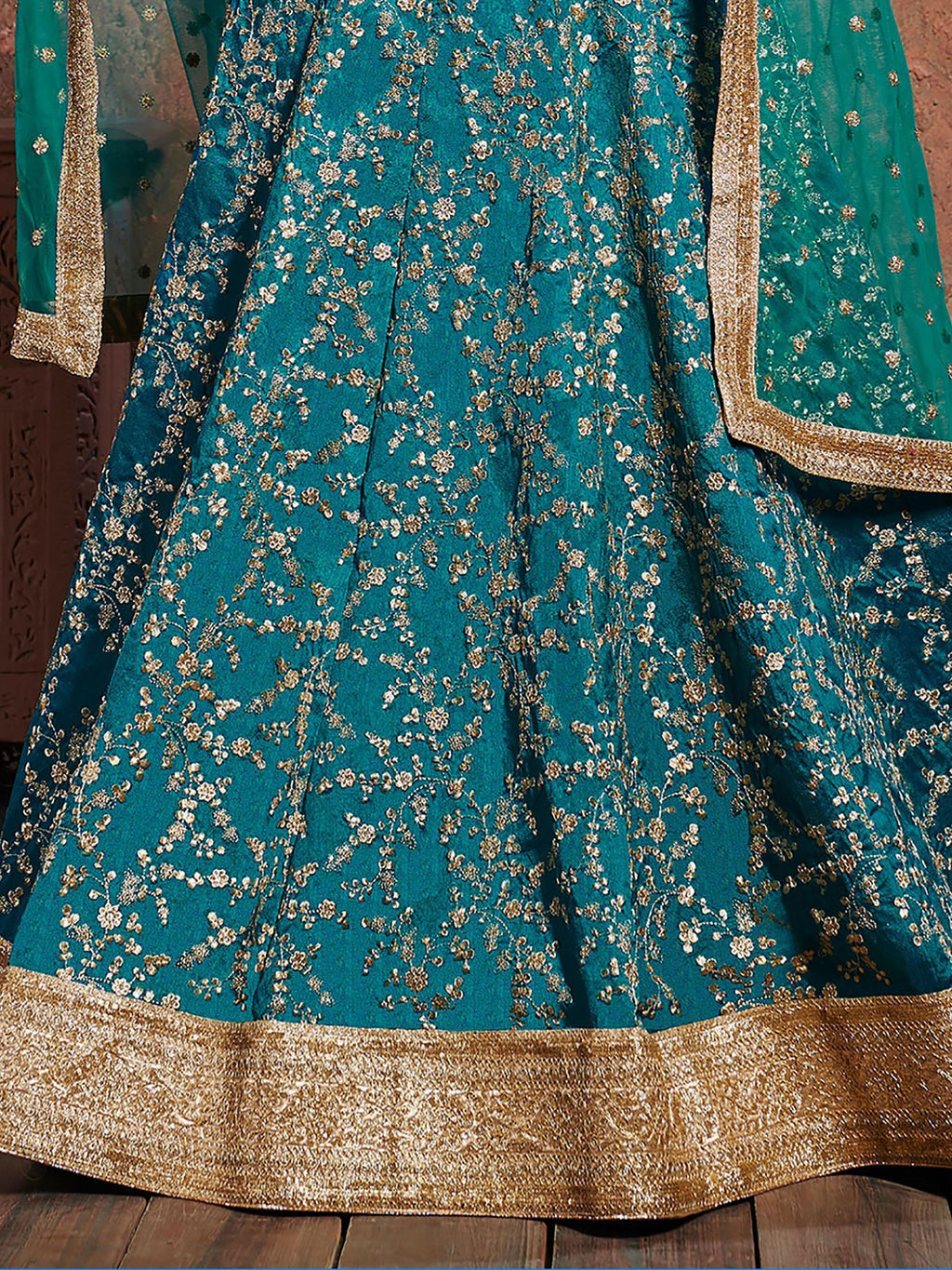 Teal Semi-Stitched Myntra Wedding Wear Lehenga & Unstitched Blouse with Dupatta