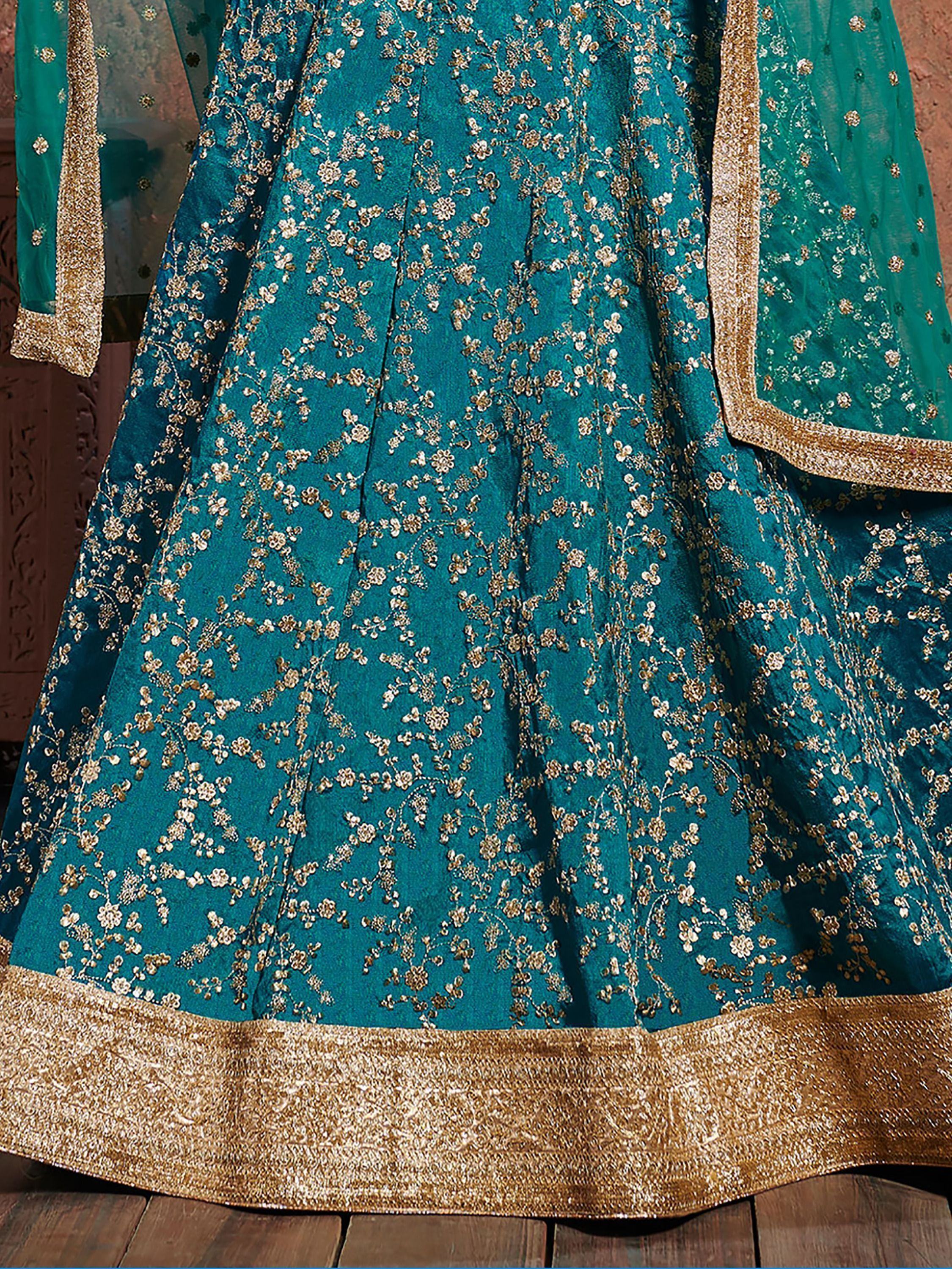 Teal Semi-Stitched Myntra Wedding Wear Lehenga & Unstitched Blouse with Dupatta