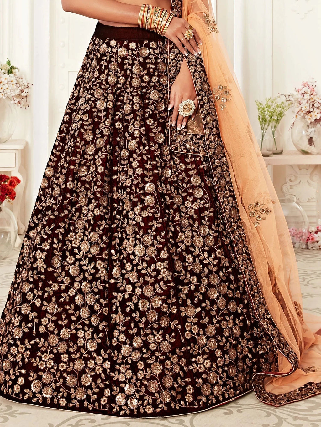 Classic Maroon Embroidered Velvet Wedding Wear Plus Size Lehenga Choli