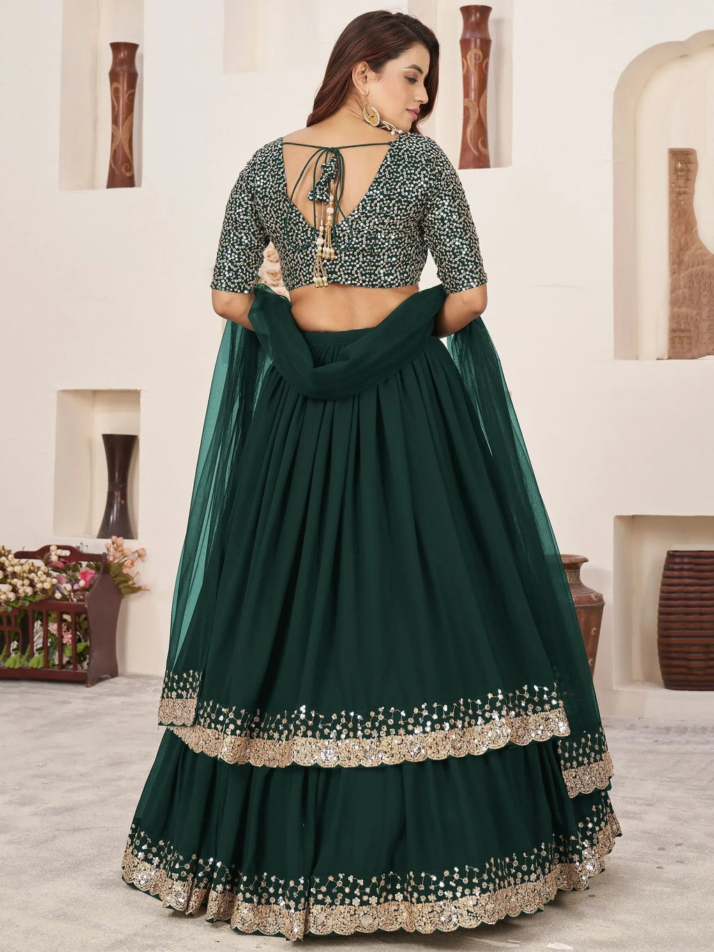 Captivating Green Sequins Georgette Mehendi Wear Lehenga Choli