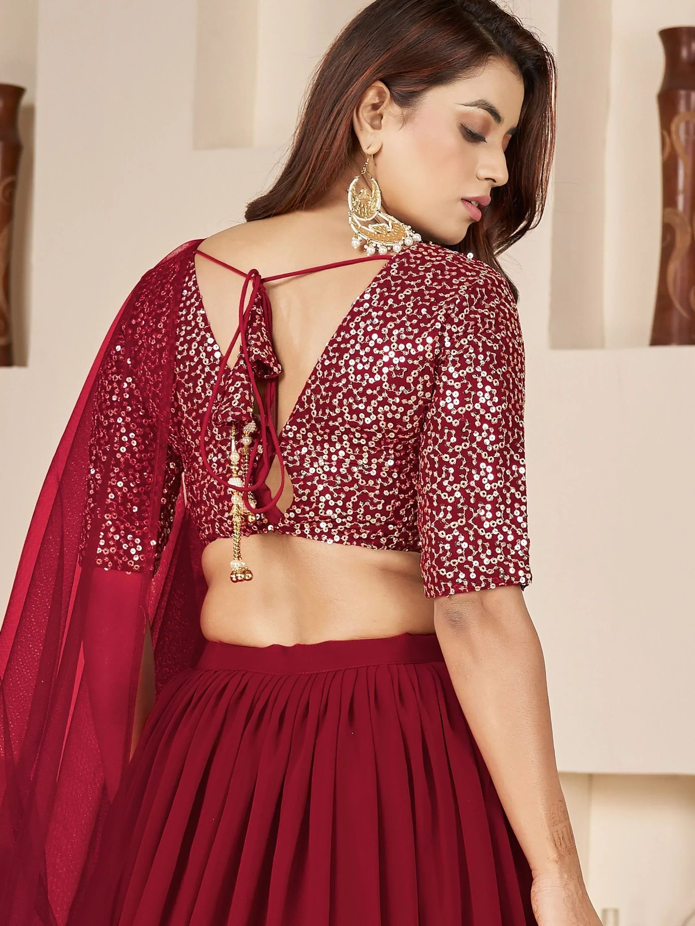 Stunning Red Sequins Georgette Wedding Wear Lehenga Choli