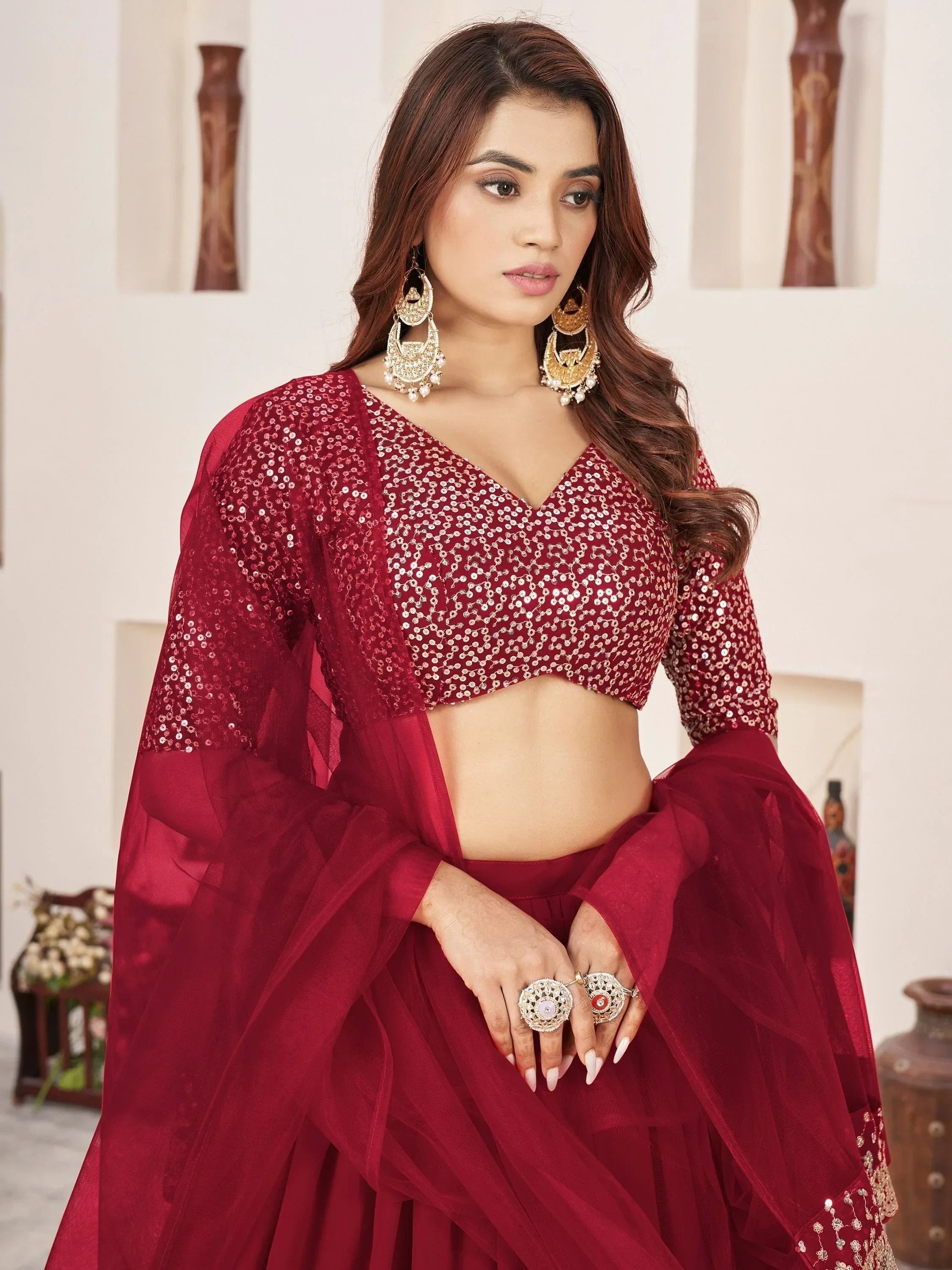Stunning Red Sequins Georgette Wedding Wear Lehenga Choli