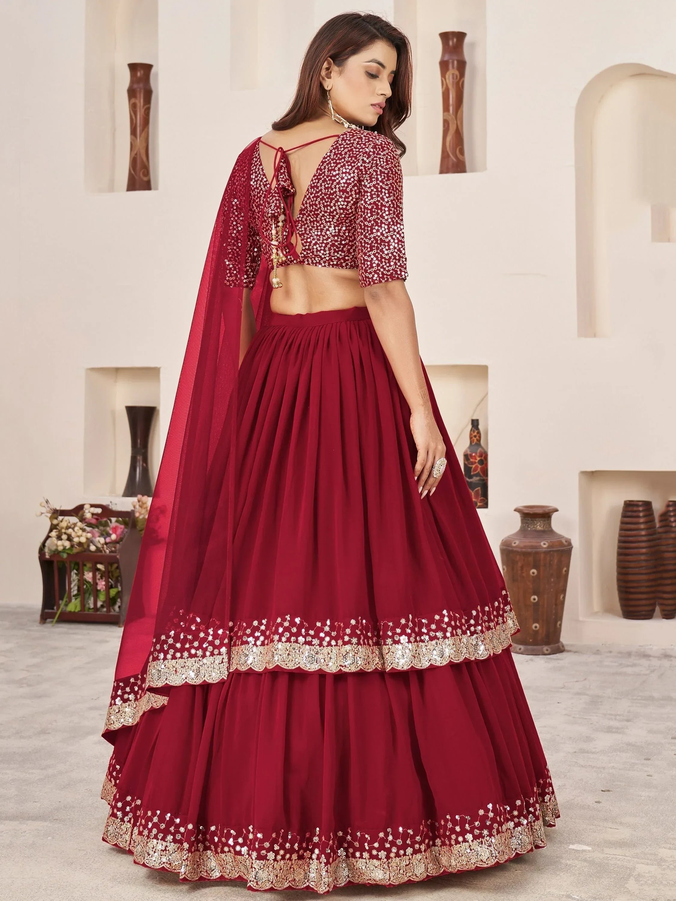 Stunning Red Sequins Georgette Wedding Wear Lehenga Choli