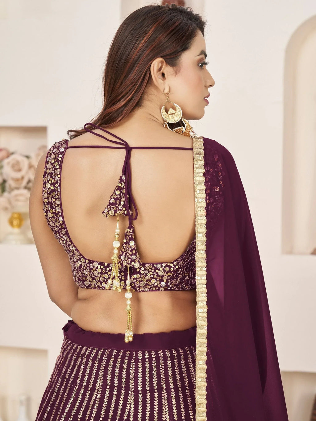 Enchanting Wine Sequins Georgette Engagement Wear Lehenga Choli