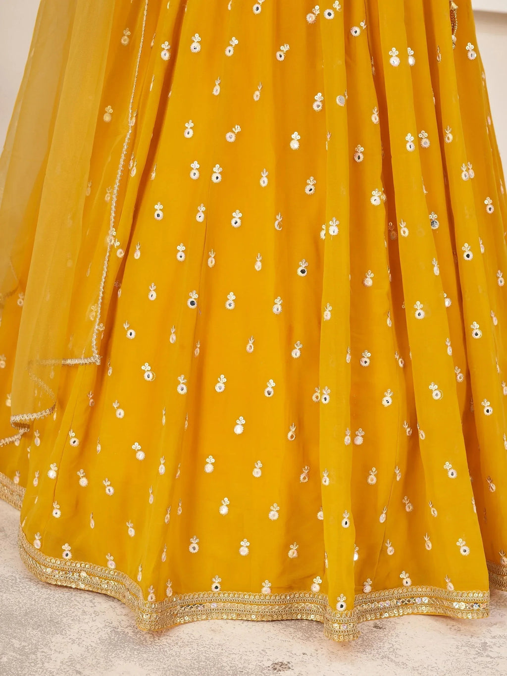 Magnetic Yellow Thread Work Georgette Haldi Wear Lehenga Choli
