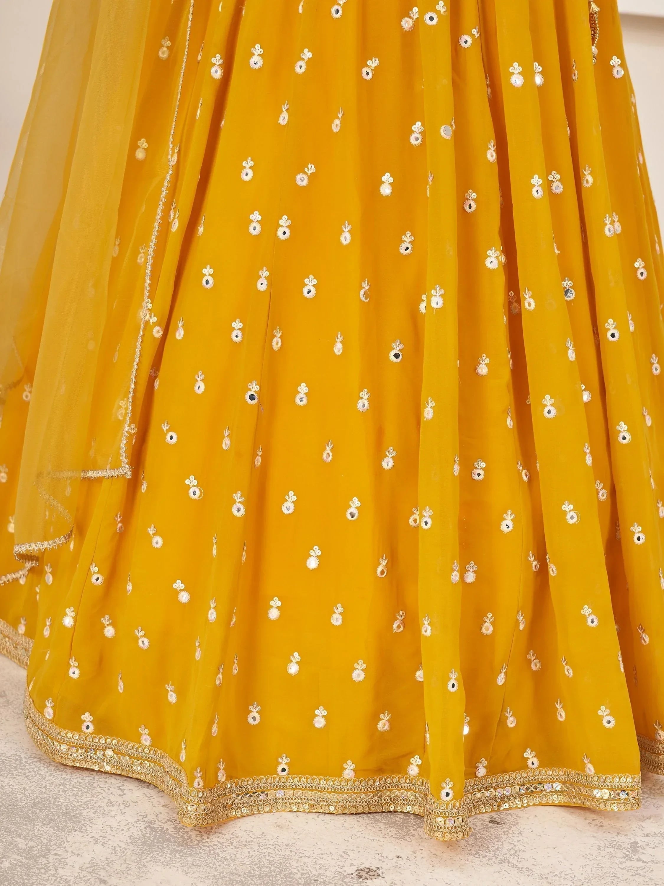 Magnetic Yellow Thread Work Georgette Haldi Wear Lehenga Choli