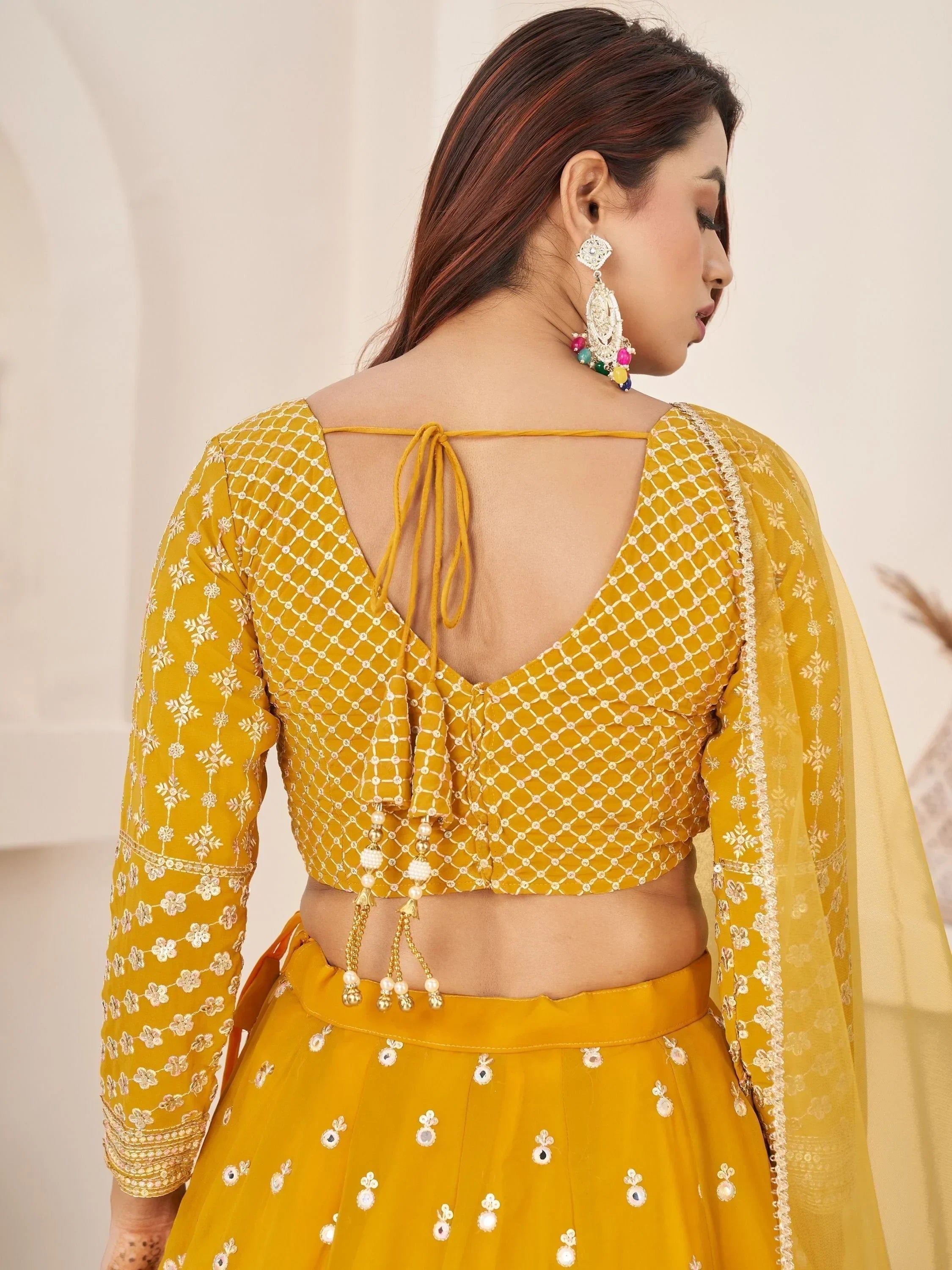 Magnetic Yellow Thread Work Georgette Haldi Wear Lehenga Choli