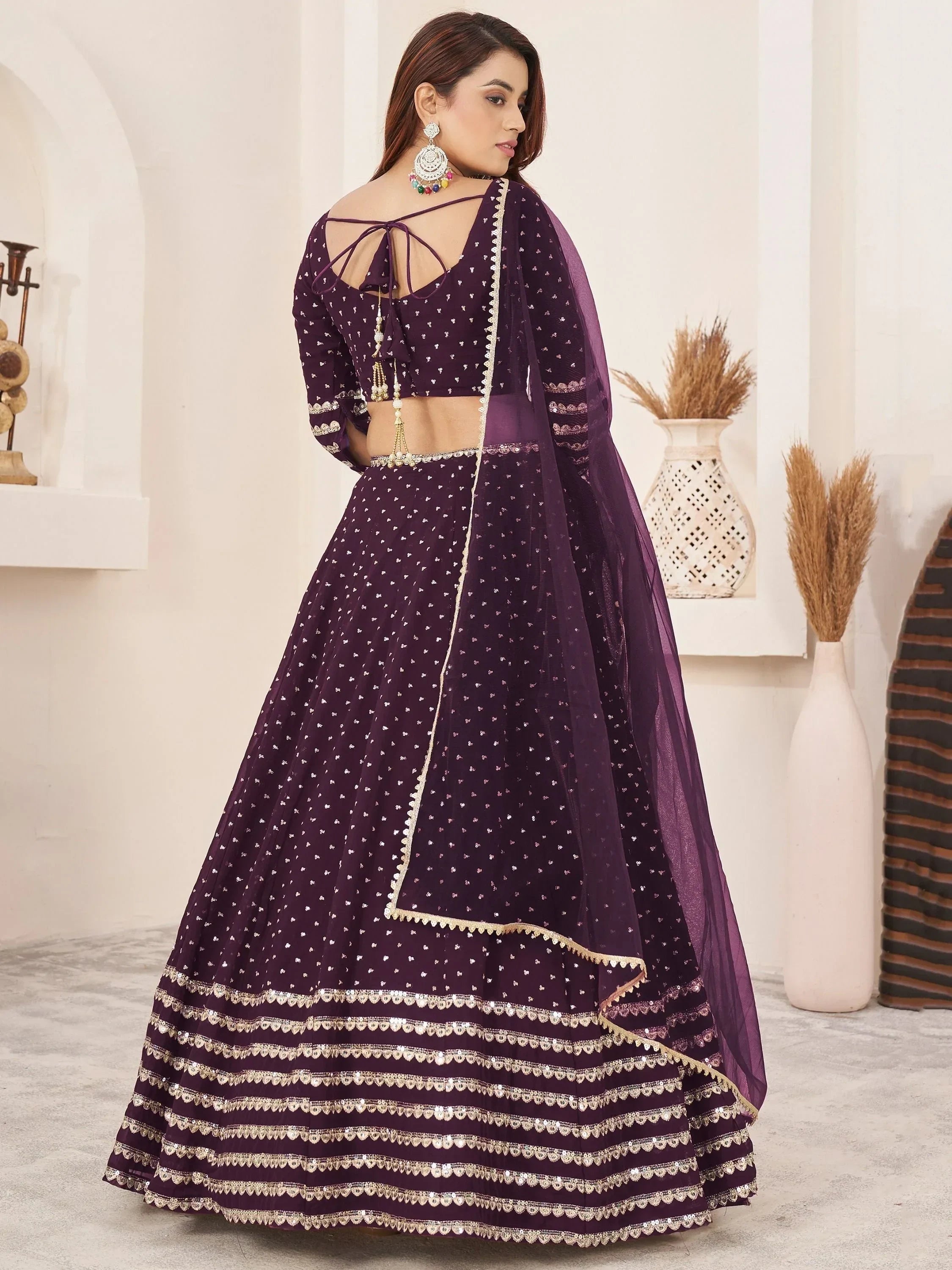 Charming Purple Sequin Georgette Reception Wear Lehenga Choli