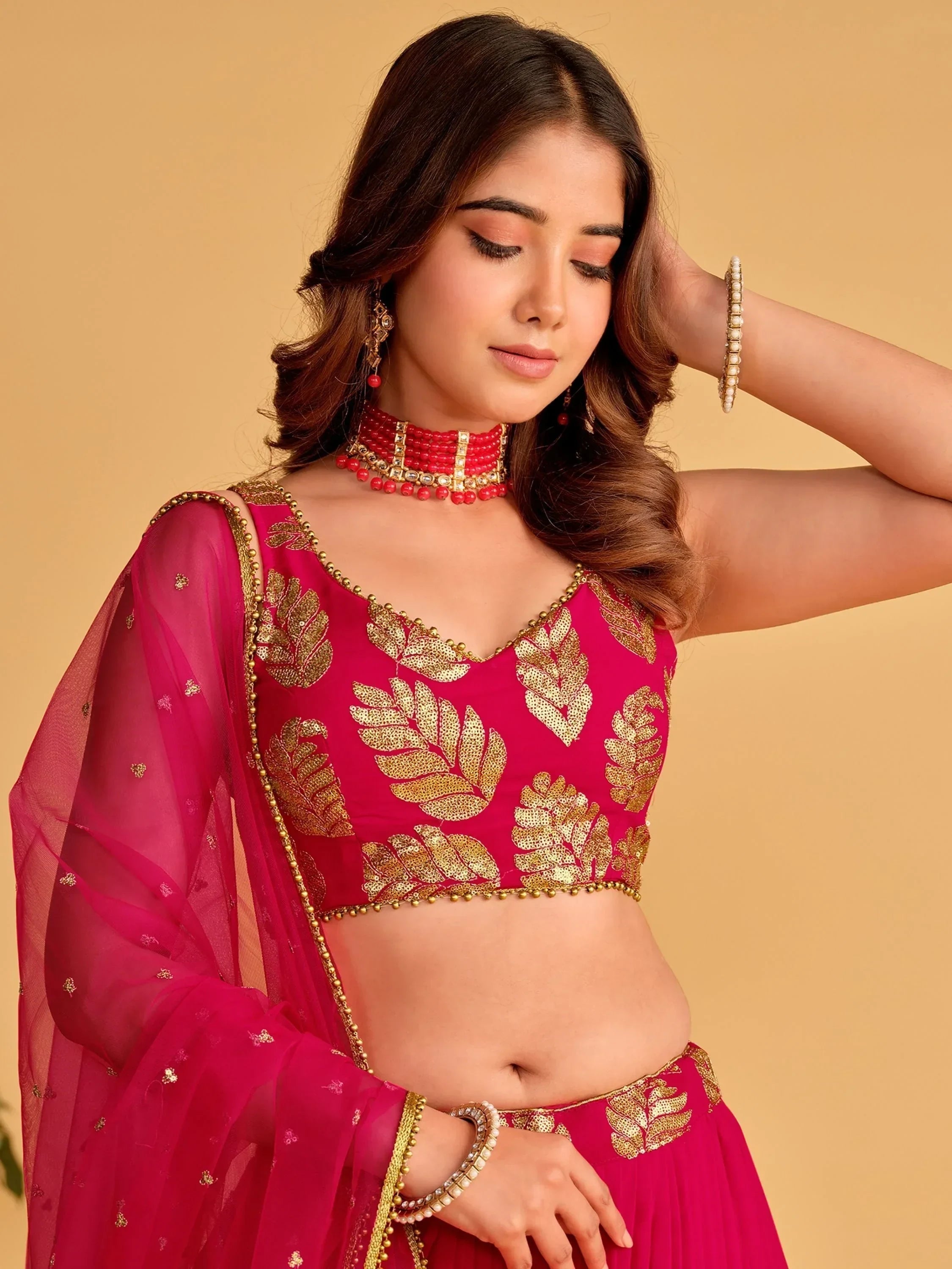 Fabulous Pink Zari Embroidered Georgette Function Wear Lehenga Choli