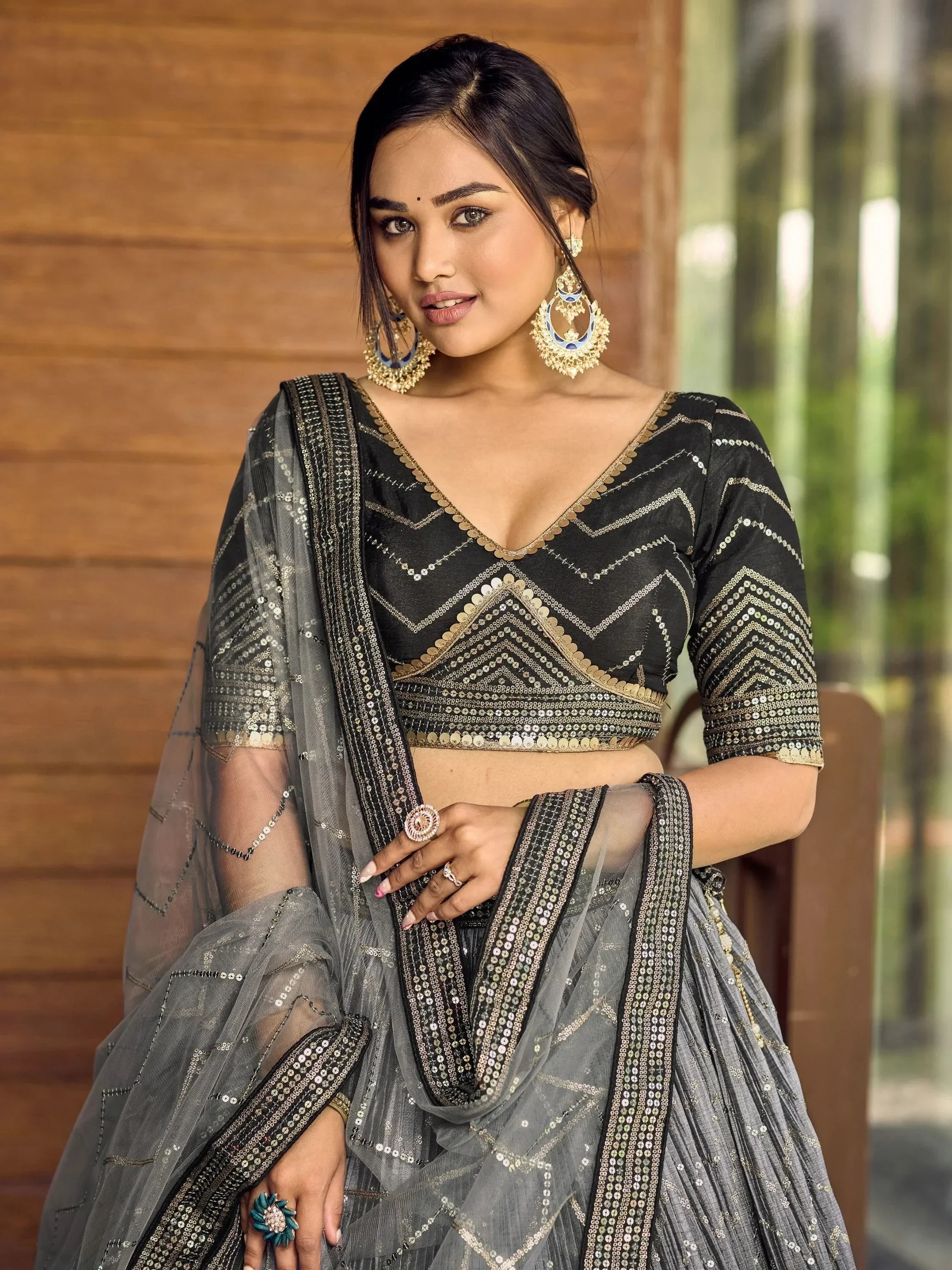 Fabulous Black Sequins Chinon Reception Wear Lehenga Choli