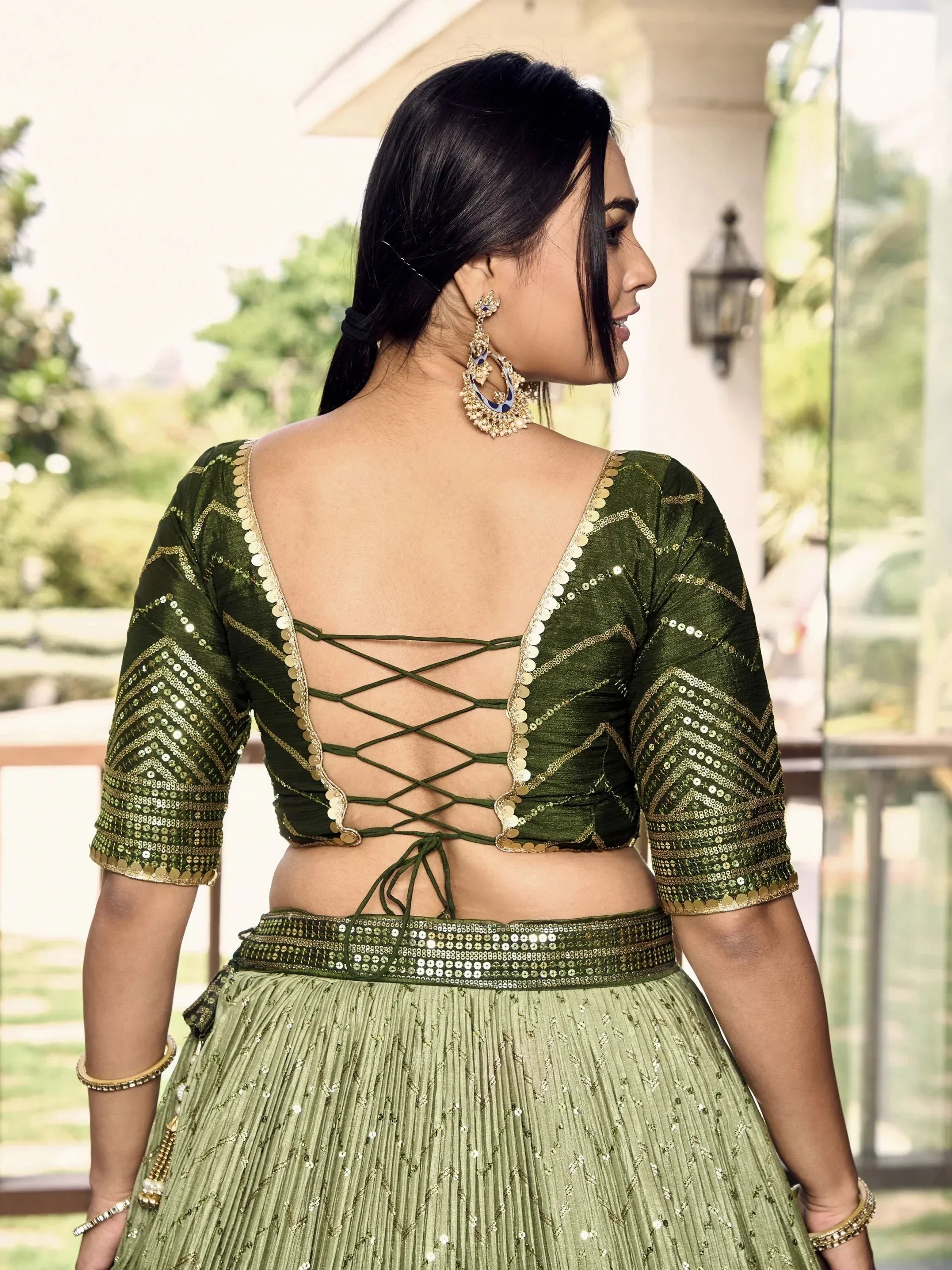 Awesome Green Sequins Chinon Mehendi Wear Lehenga Choli