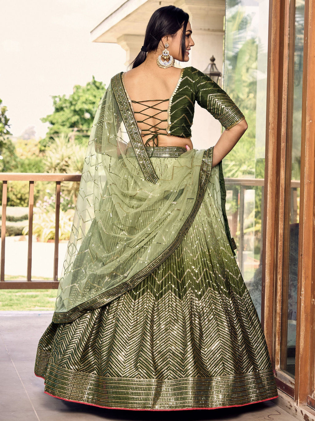 Awesome Green Sequins Chinon Mehendi Wear Lehenga Choli