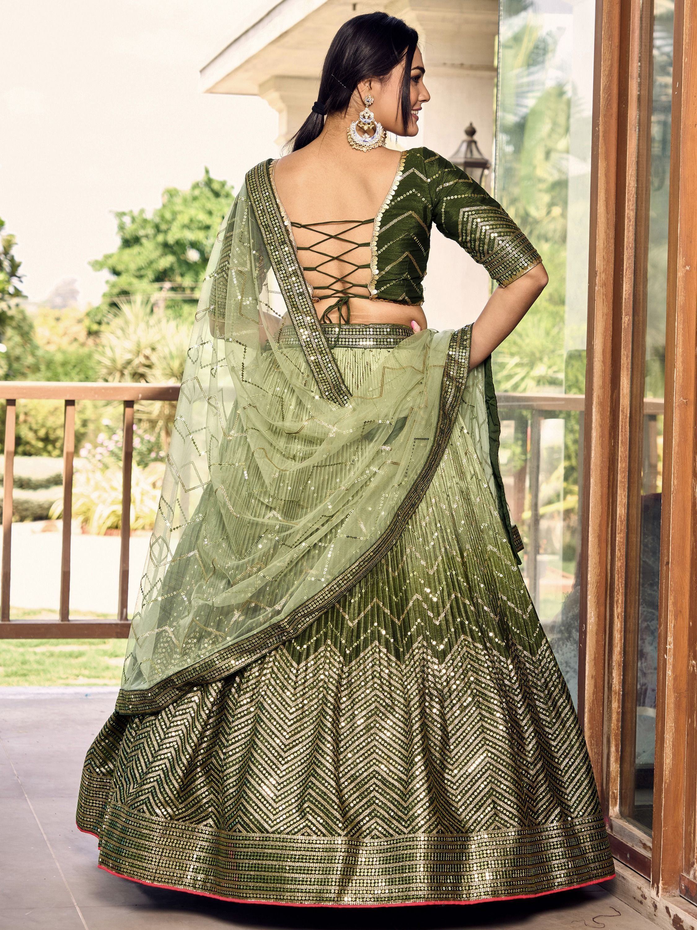 Awesome Green Sequins Chinon Mehendi Wear Lehenga Choli