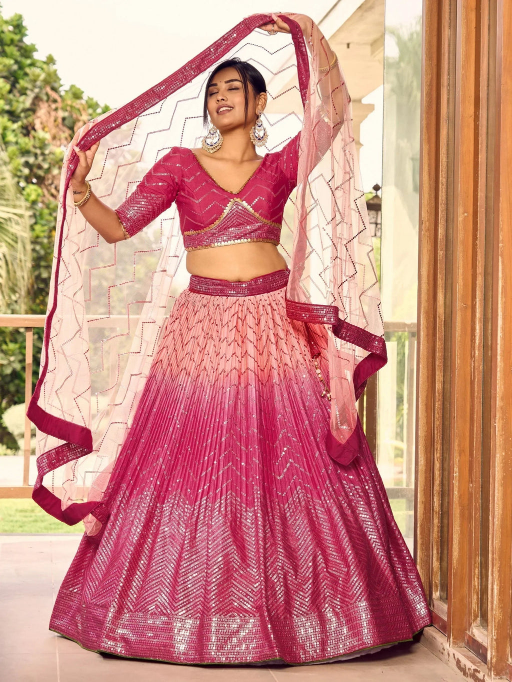 Marvelous Pink Sequins Chinon Wedding Lehenga Choli With Dupatta