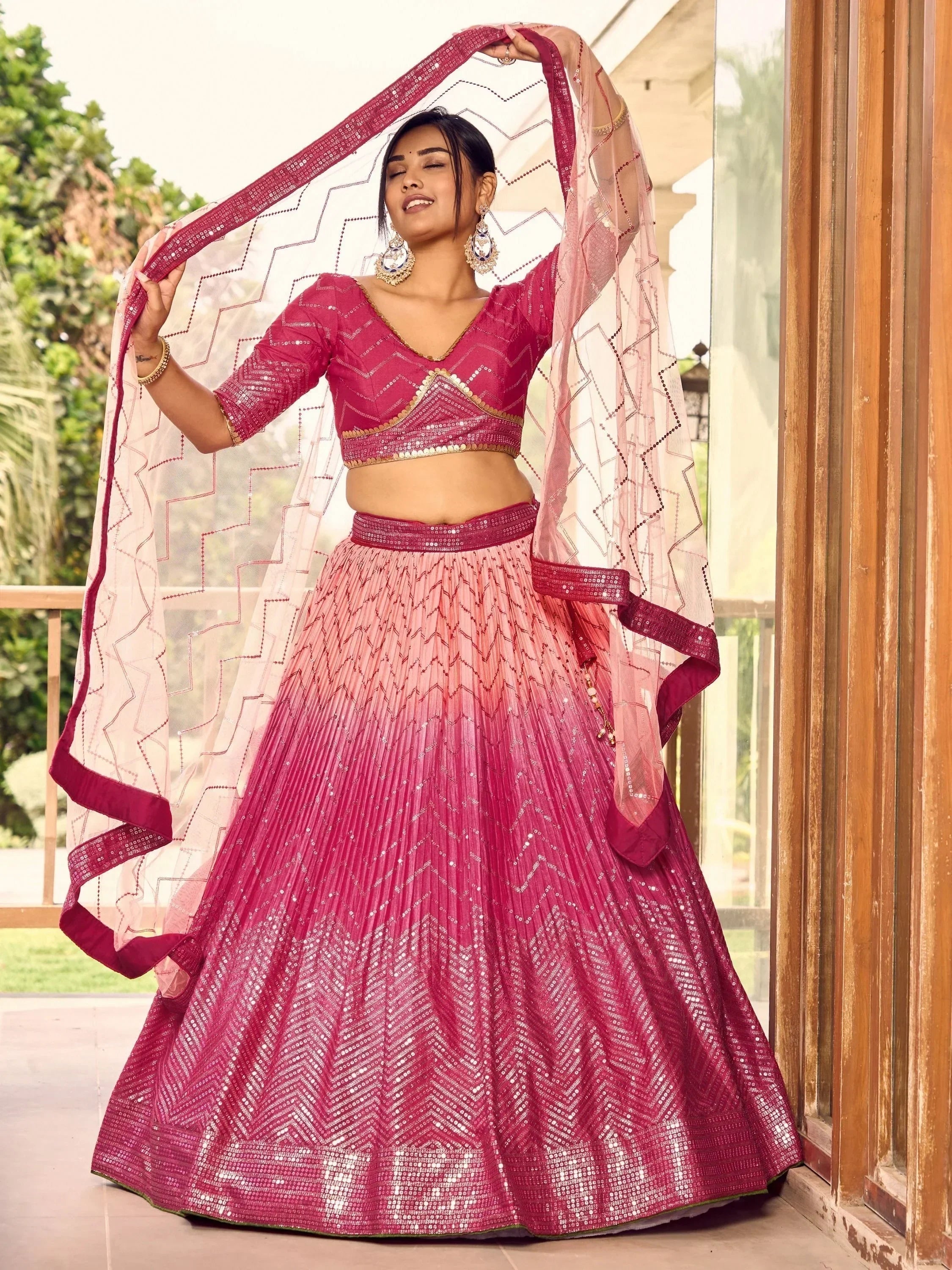 Marvelous Pink Sequins Chinon Wedding Lehenga Choli With Dupatta