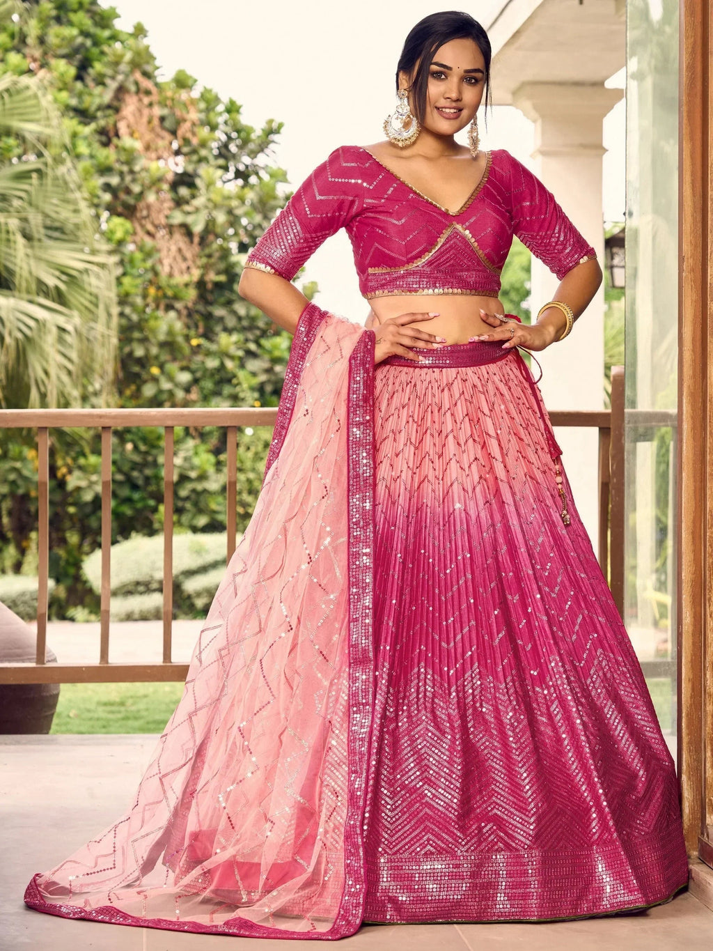 Marvelous Pink Sequins Chinon Wedding Lehenga Choli With Dupatta