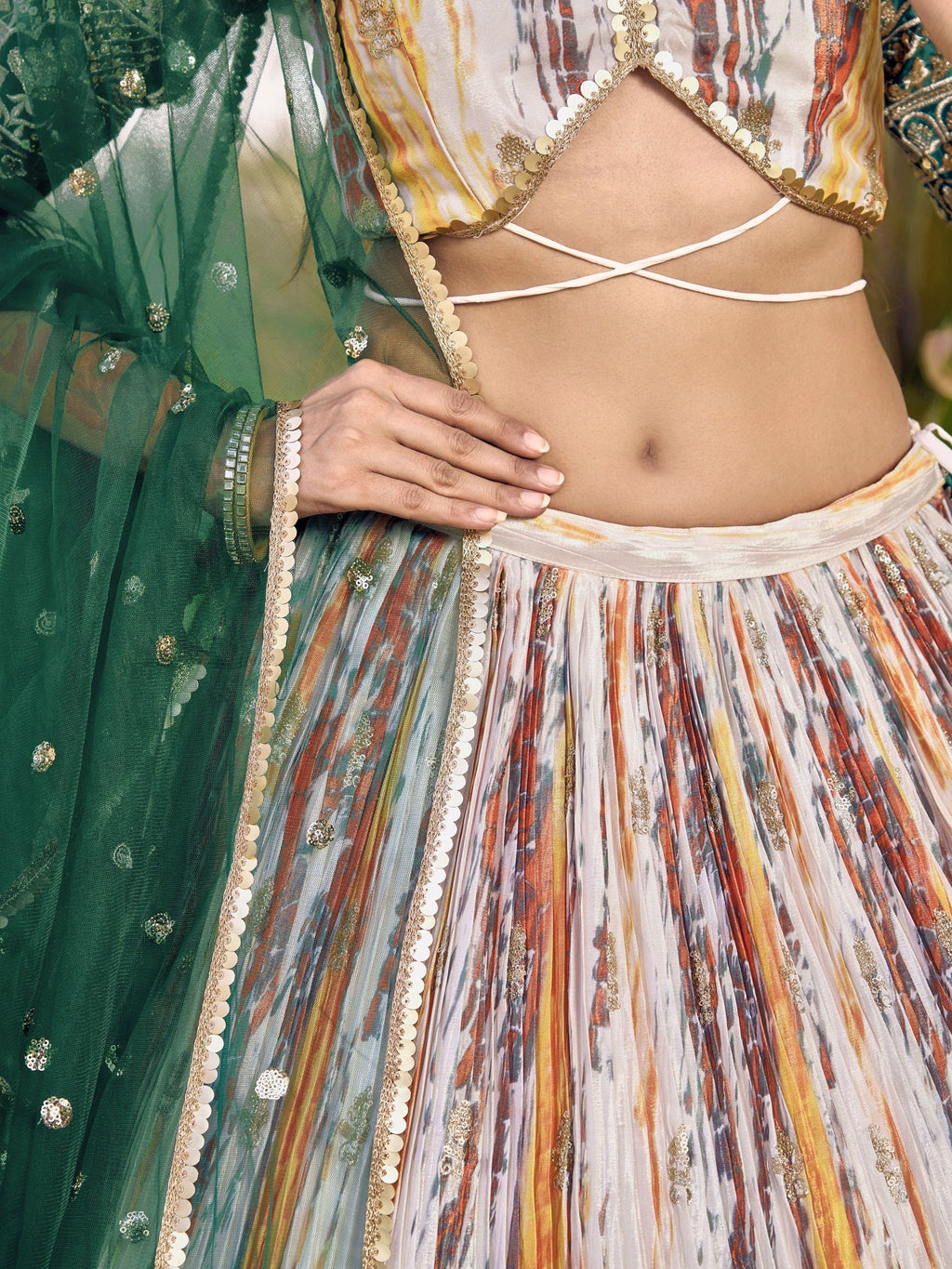 Great White & Green Shibori Printed Chinon Lehenga Choli With Dupatta