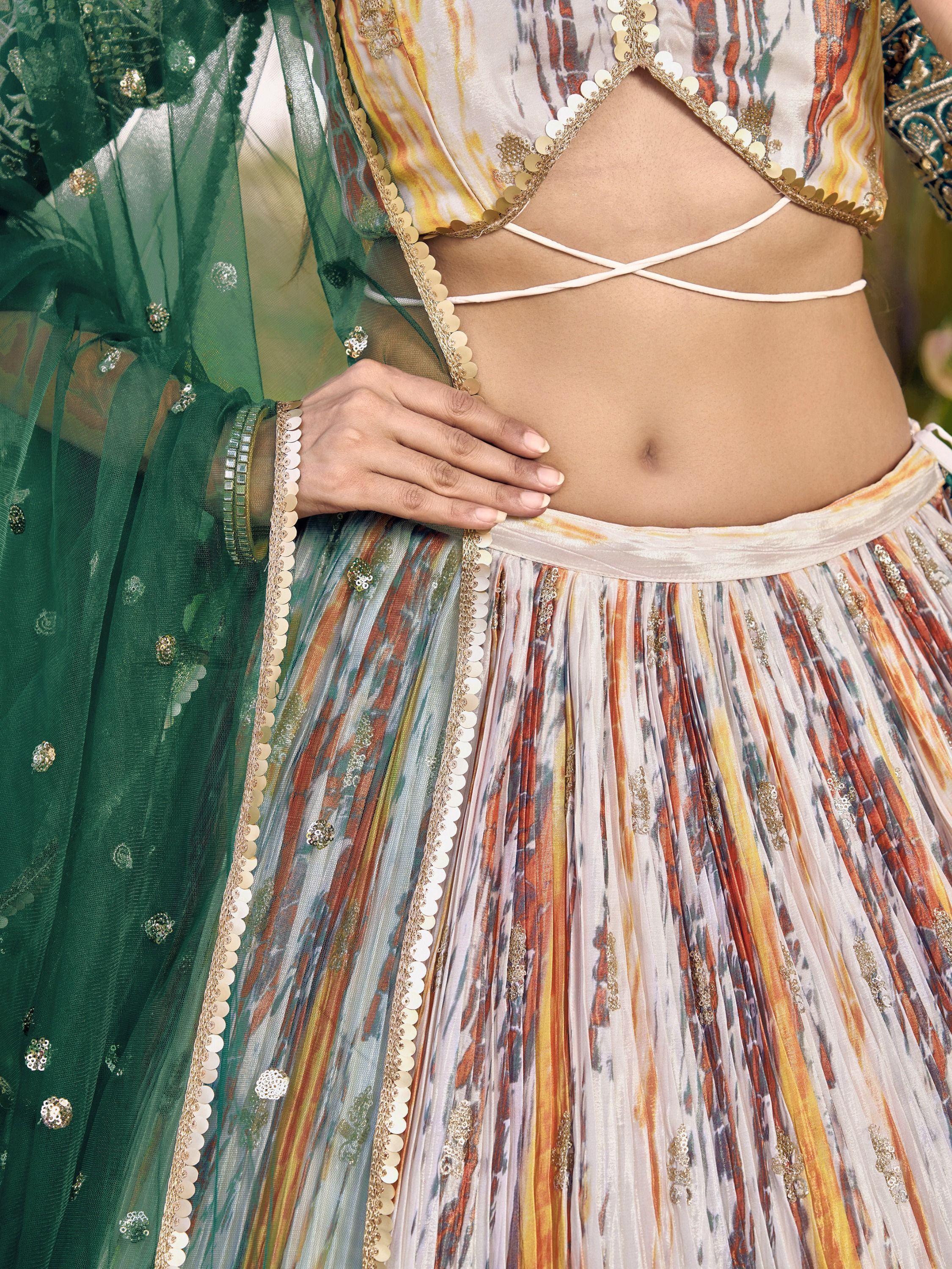 Great White & Green Shibori Printed Chinon Lehenga Choli With Dupatta