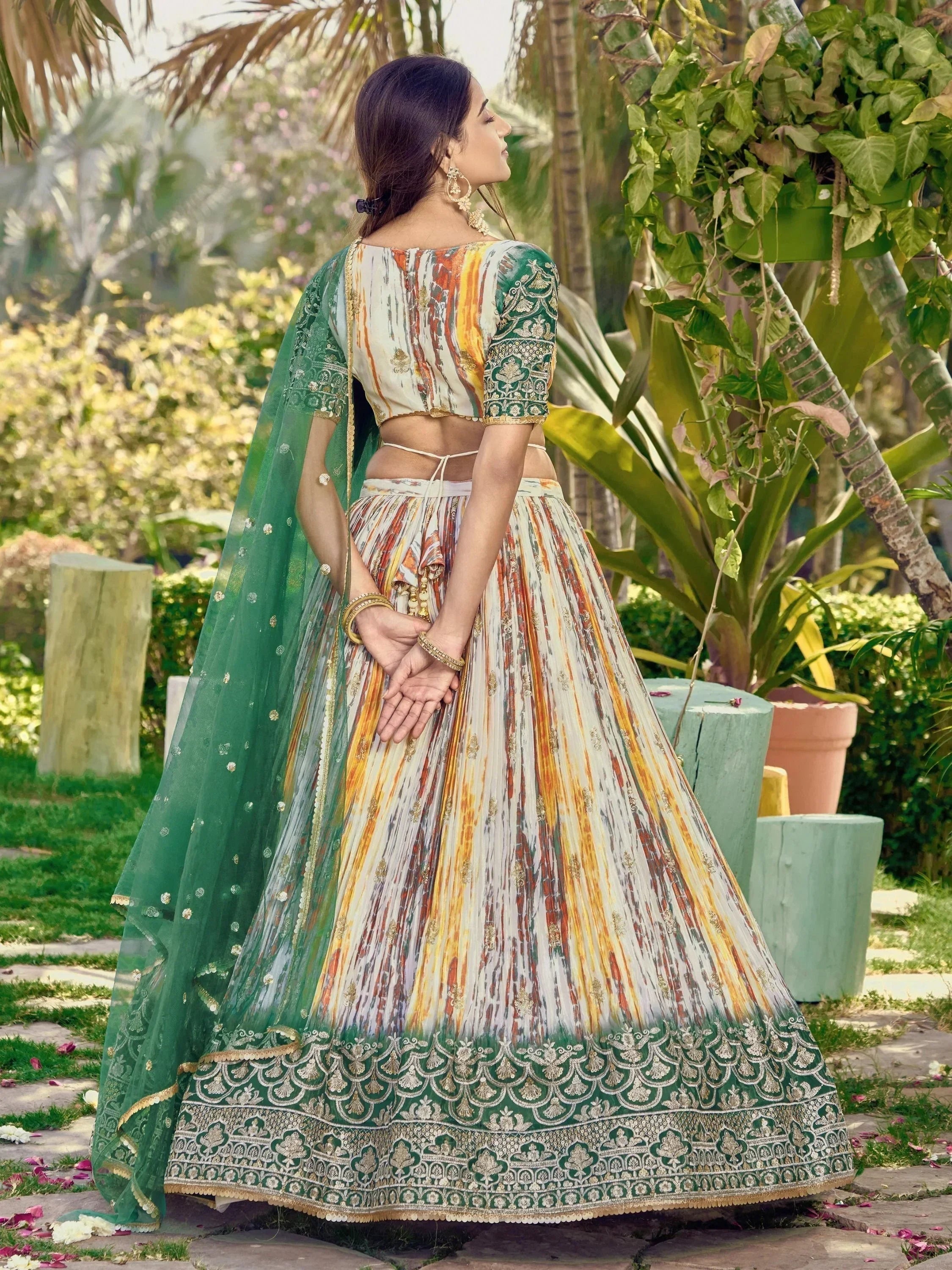 Great White & Green Shibori Printed Chinon Lehenga Choli With Dupatta