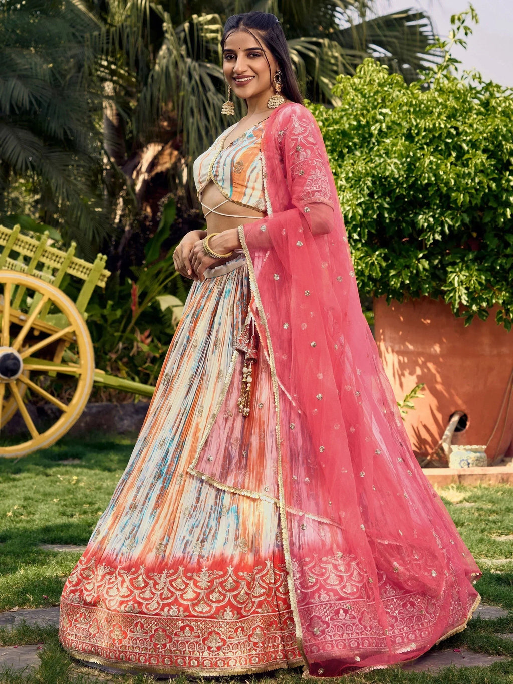 Fantastic White & Pink Shibori Printed Chinon Traditional Lehenga Choli