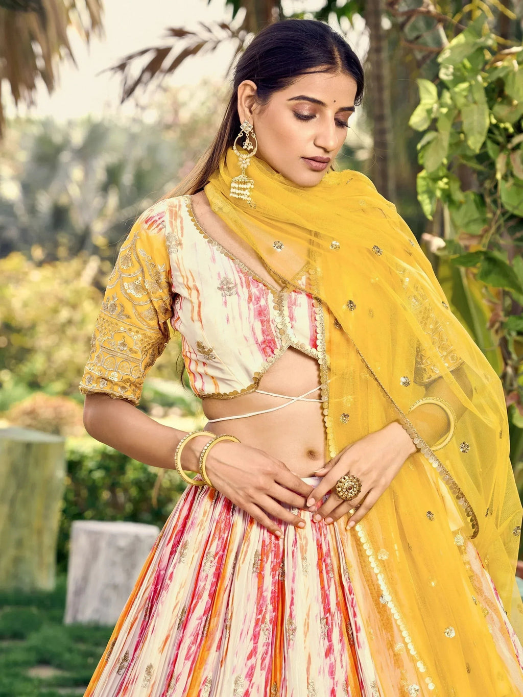Unique White & Yellow Shibori Printed Chinon Haldi Wear Lehenga Choli