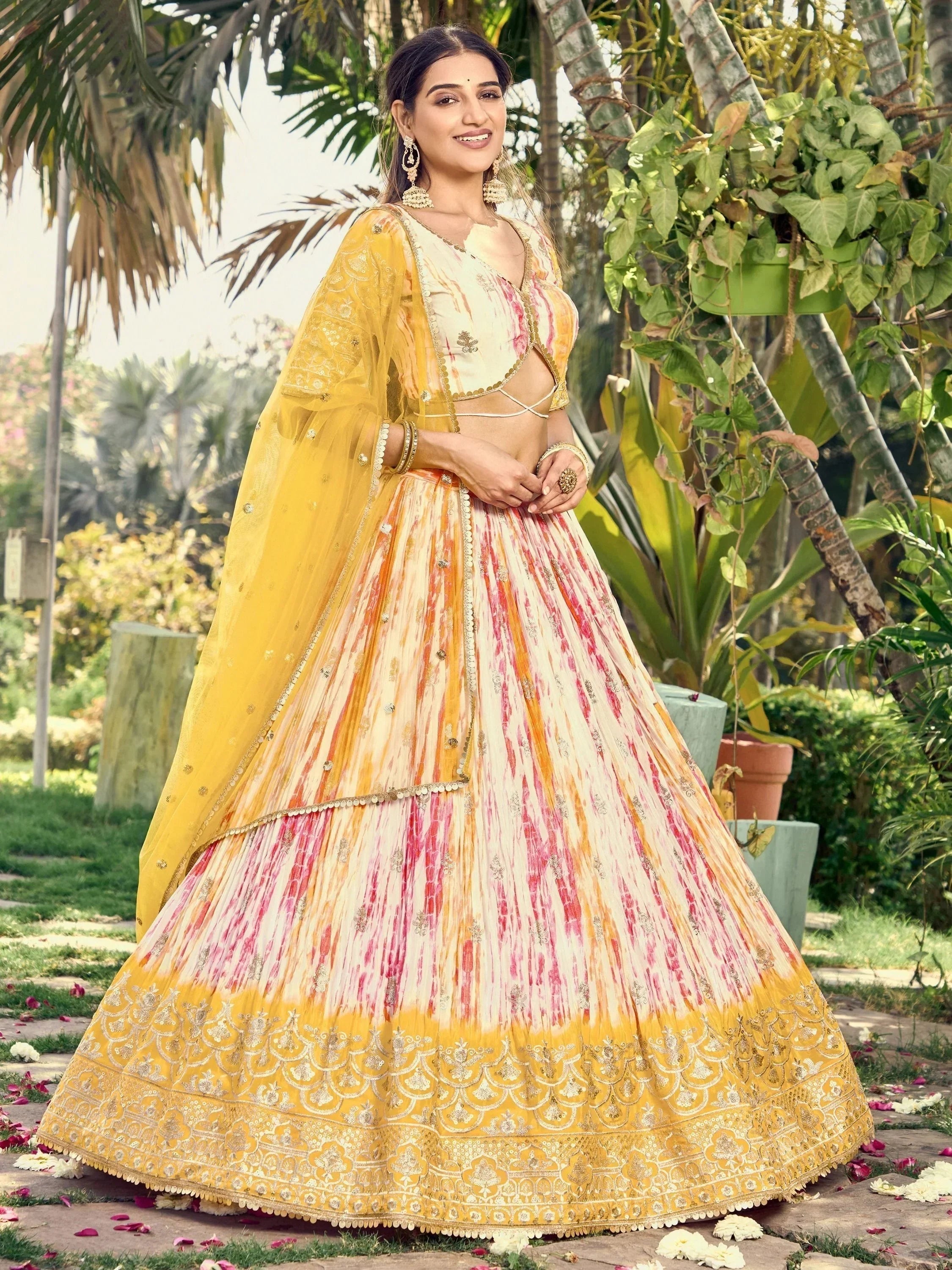 Unique White & Yellow Shibori Printed Chinon Haldi Wear Lehenga Choli