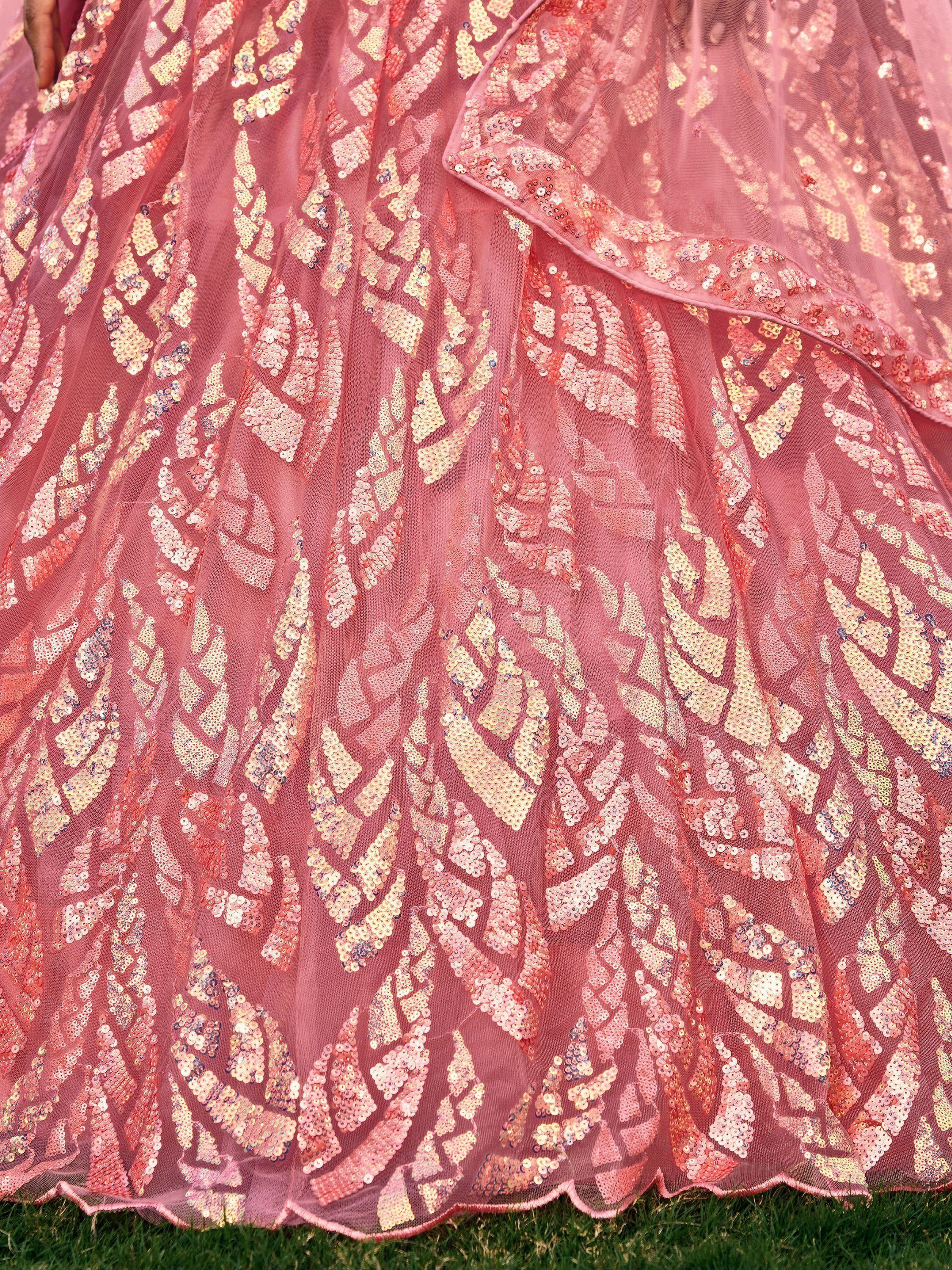 Beautiful Pink Sequins Net Bridesmaid Lehenga Choli With Dupatta