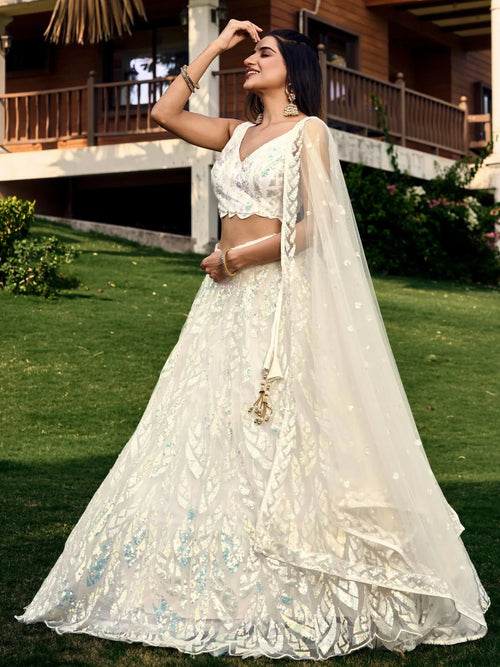 Astonishing Off-White Sequins Net Lehenga Choli With Dupatta