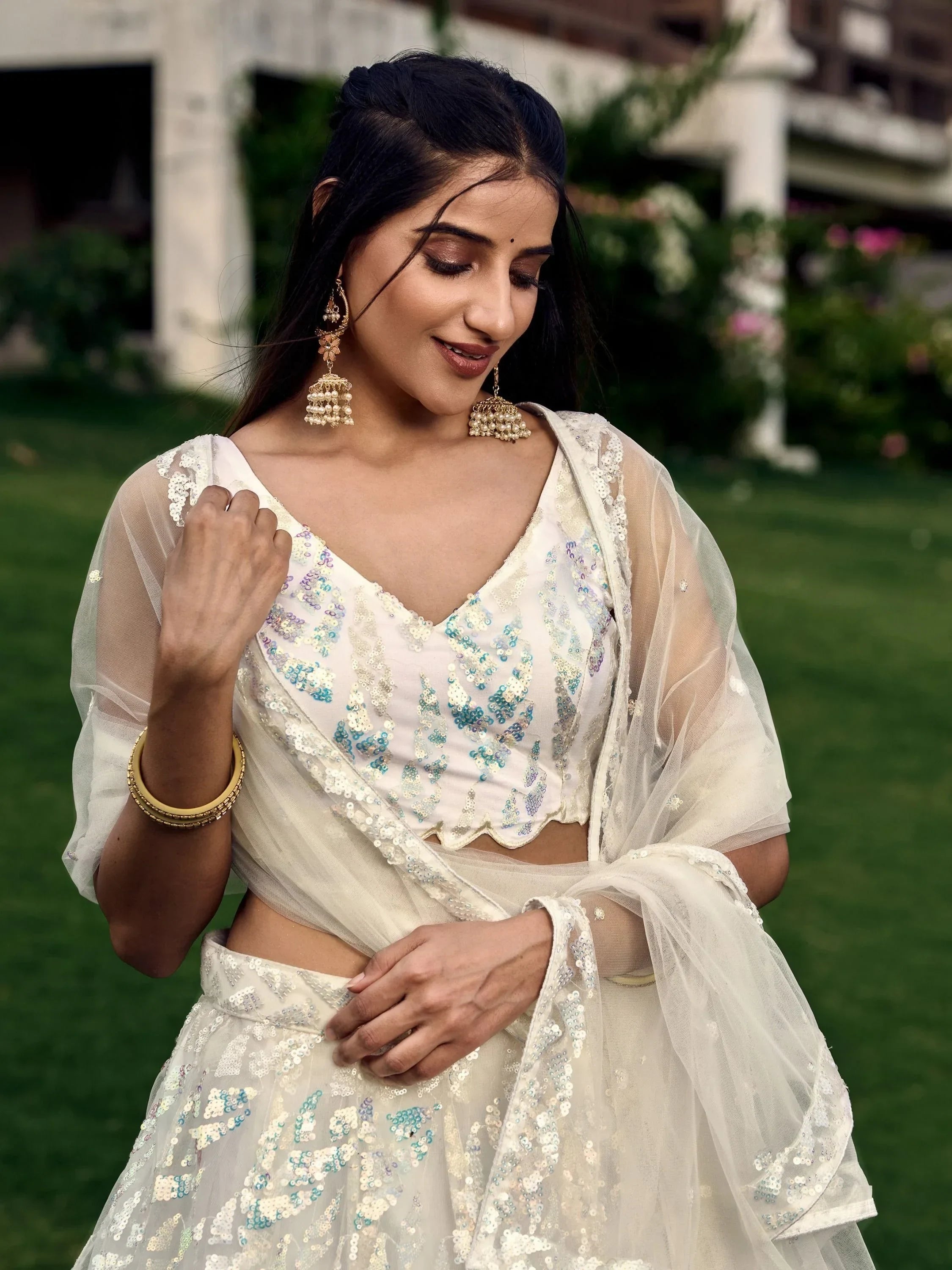 Astonishing Off-White Sequins Net Lehenga Choli With Dupatta