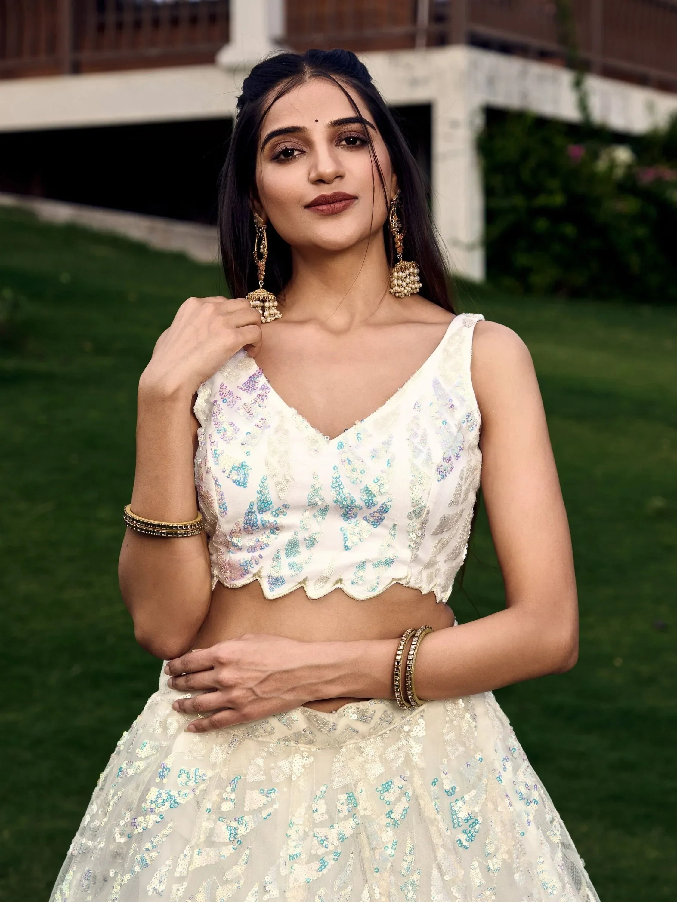 Astonishing Off-White Sequins Net Lehenga Choli With Dupatta