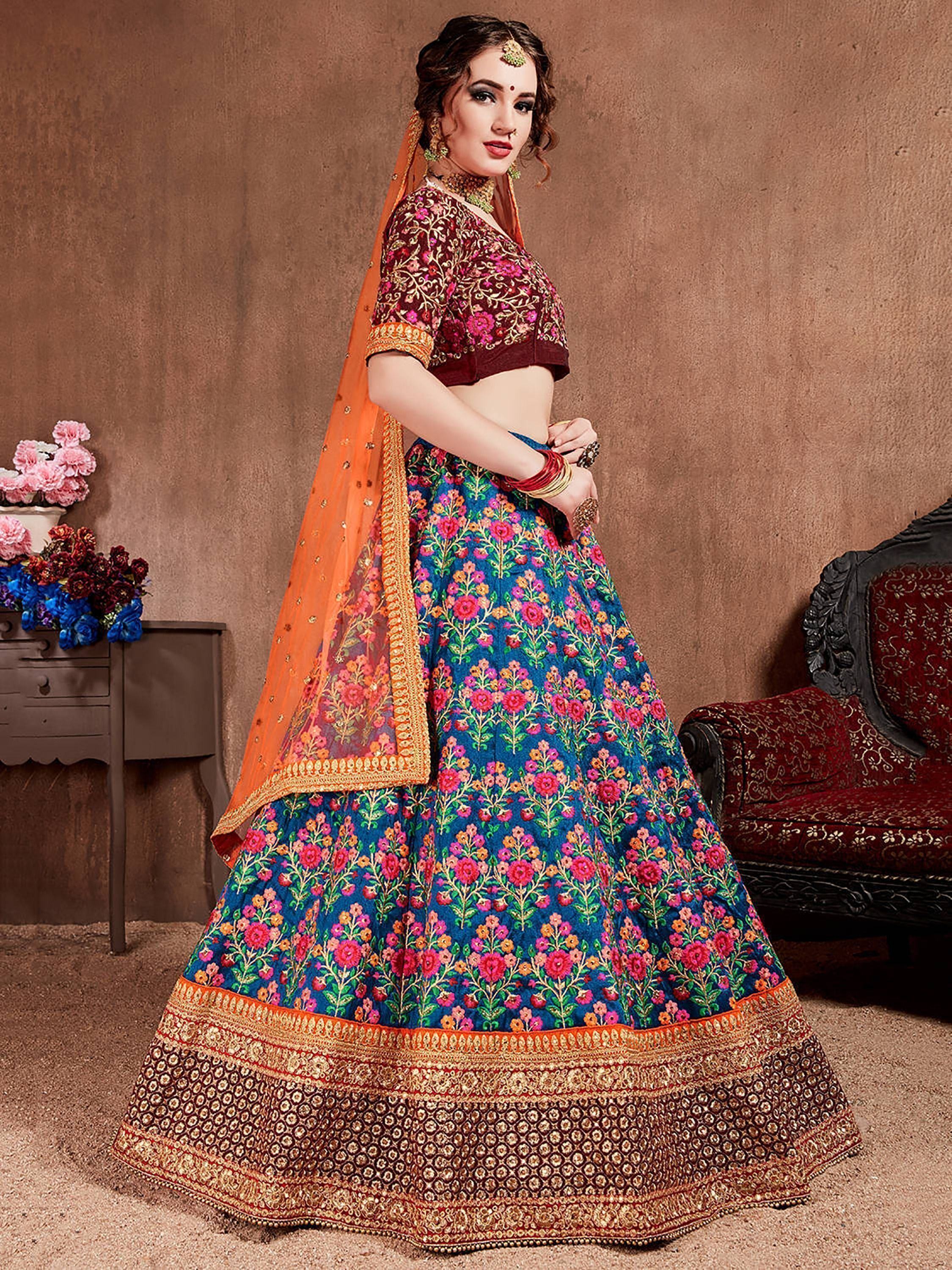 Navy Blue Embroidered Mulberry Silk Bridal Lehenga Choli With Dupatta