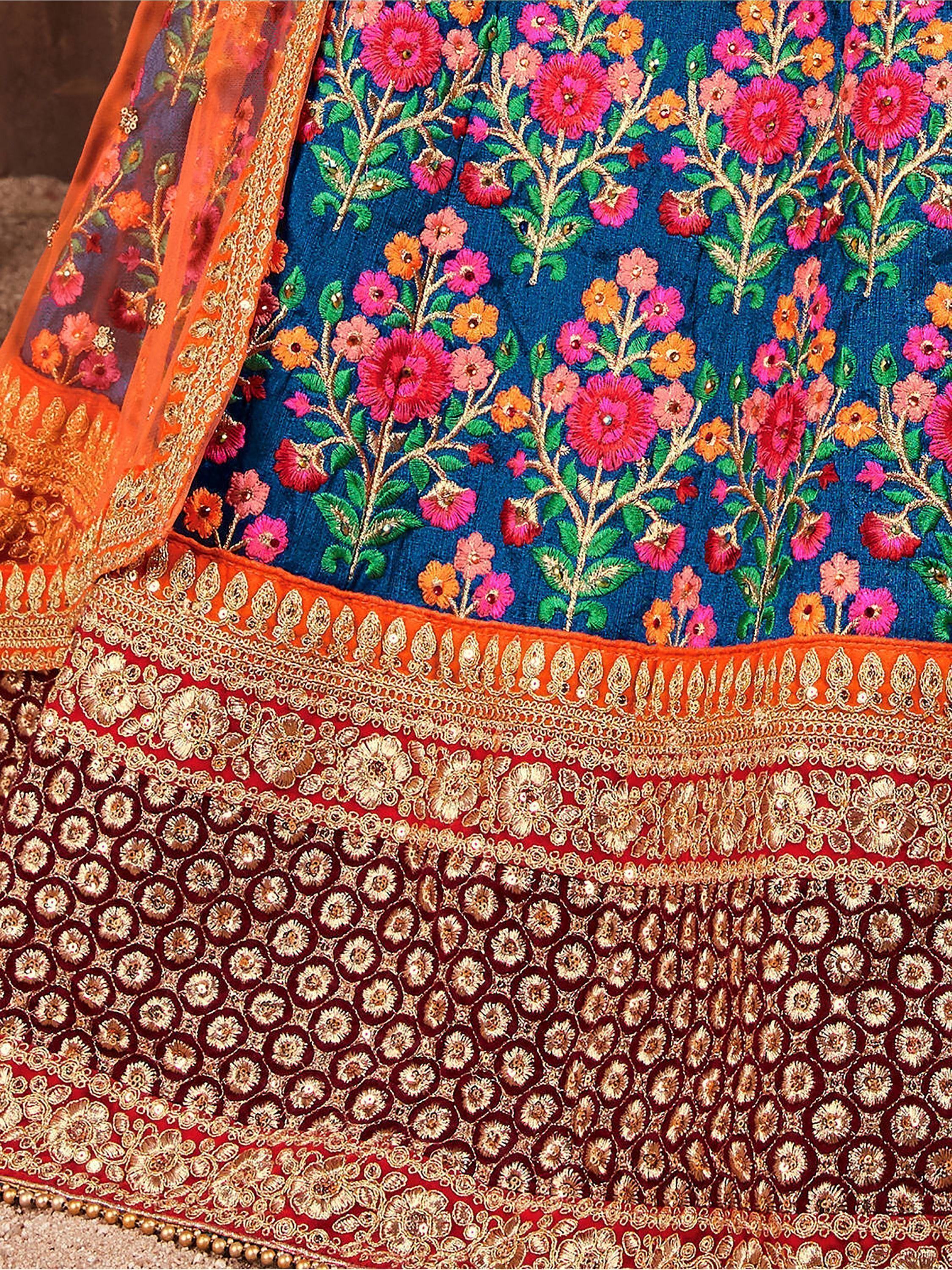 Navy Blue Embroidered Mulberry Silk Bridal Lehenga Choli With Dupatta