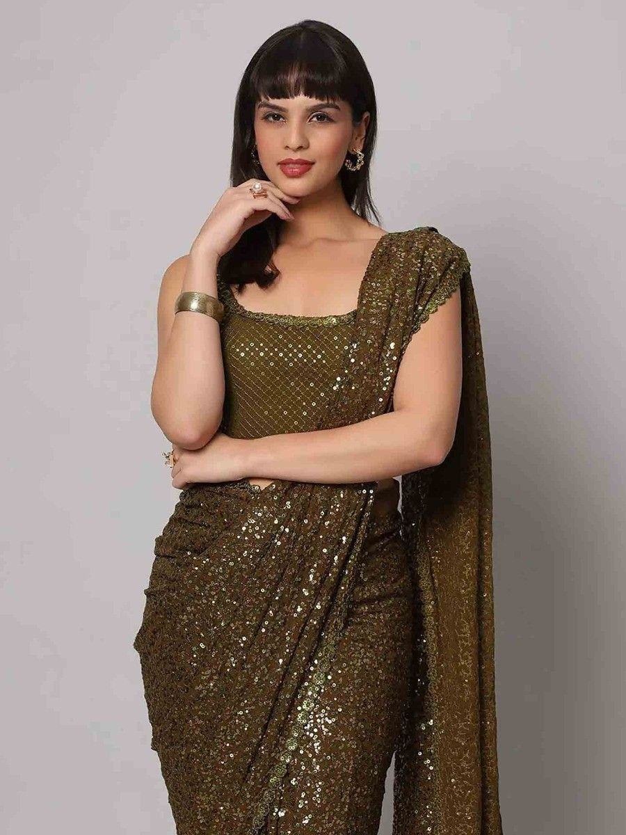 Fascinating Olive Green Sequins Georgette Party Wear Saree With Blouse