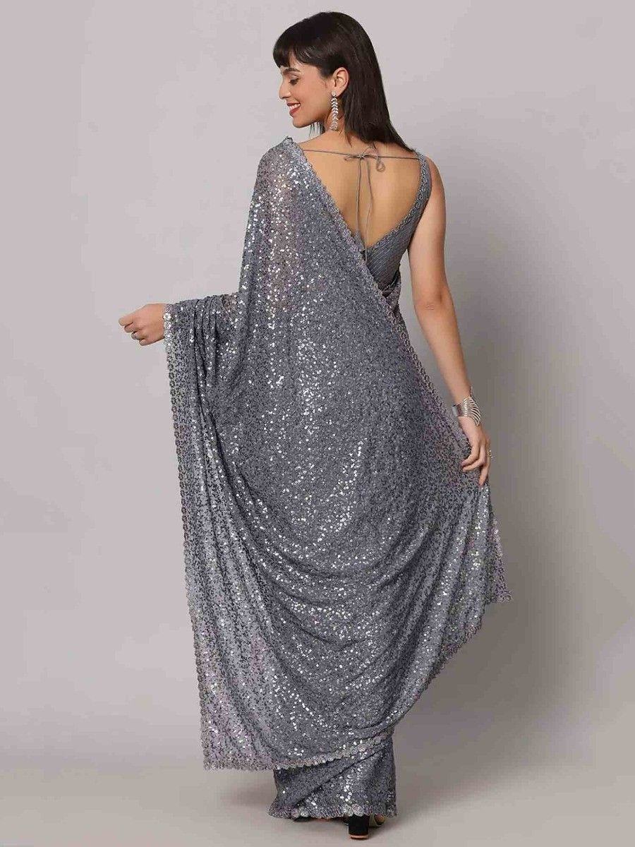 Attractive Grey Sequins Georgette Cocktail Party Wear Saree With Blouse