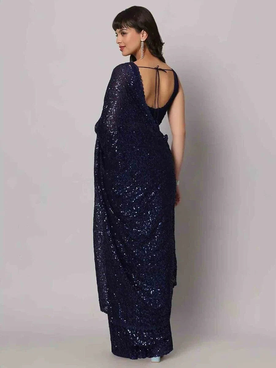 Stunning Navy Blue Sequins Georgette Designer Saree With Blouse