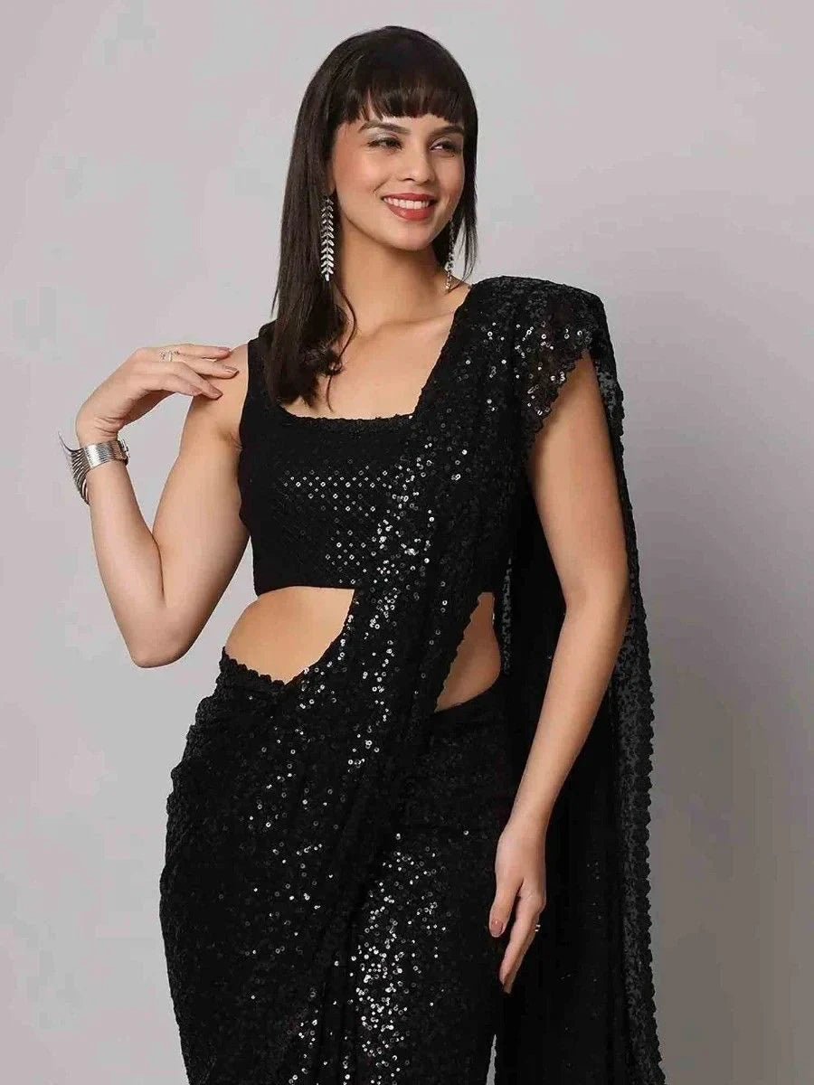 Charming Black Sequins Georgette Reception Wear Saree With Blouse